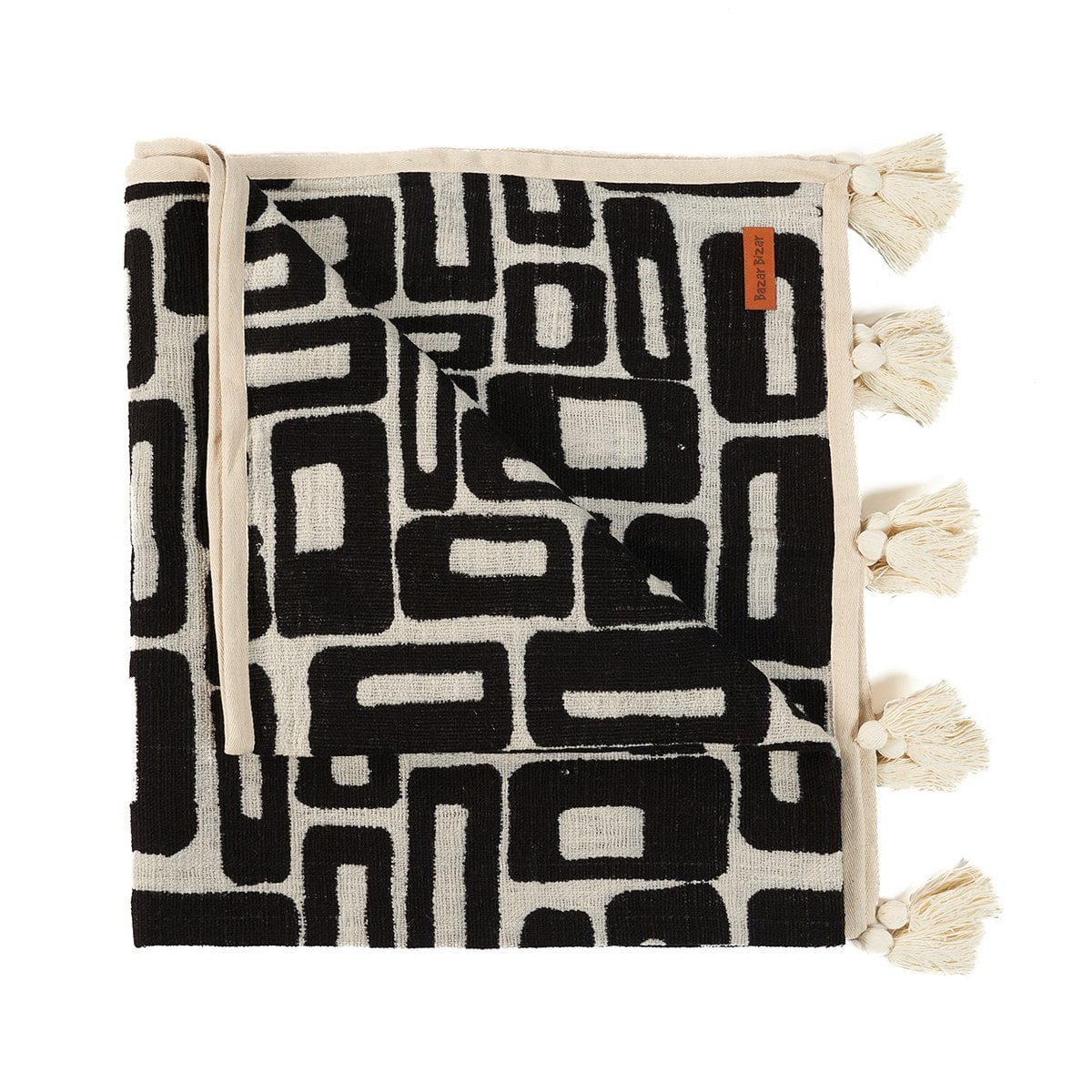 Aztec pledd i bomull – sort &amp; natur (240x128 cm)