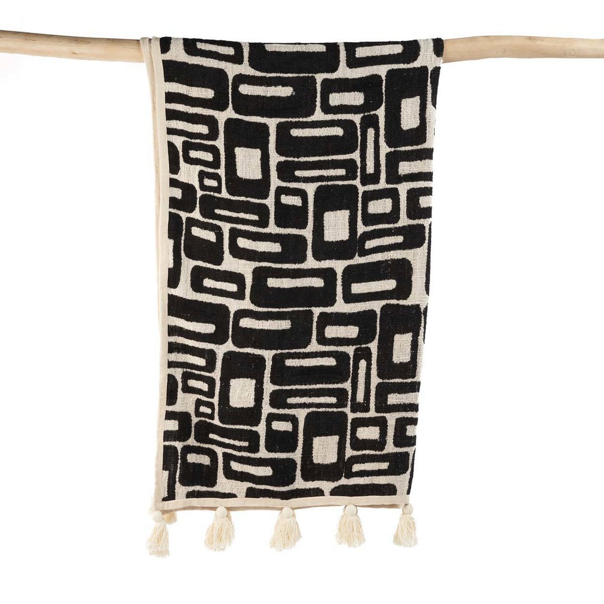 Aztec pledd i bomull – sort &amp; natur (240x128 cm)