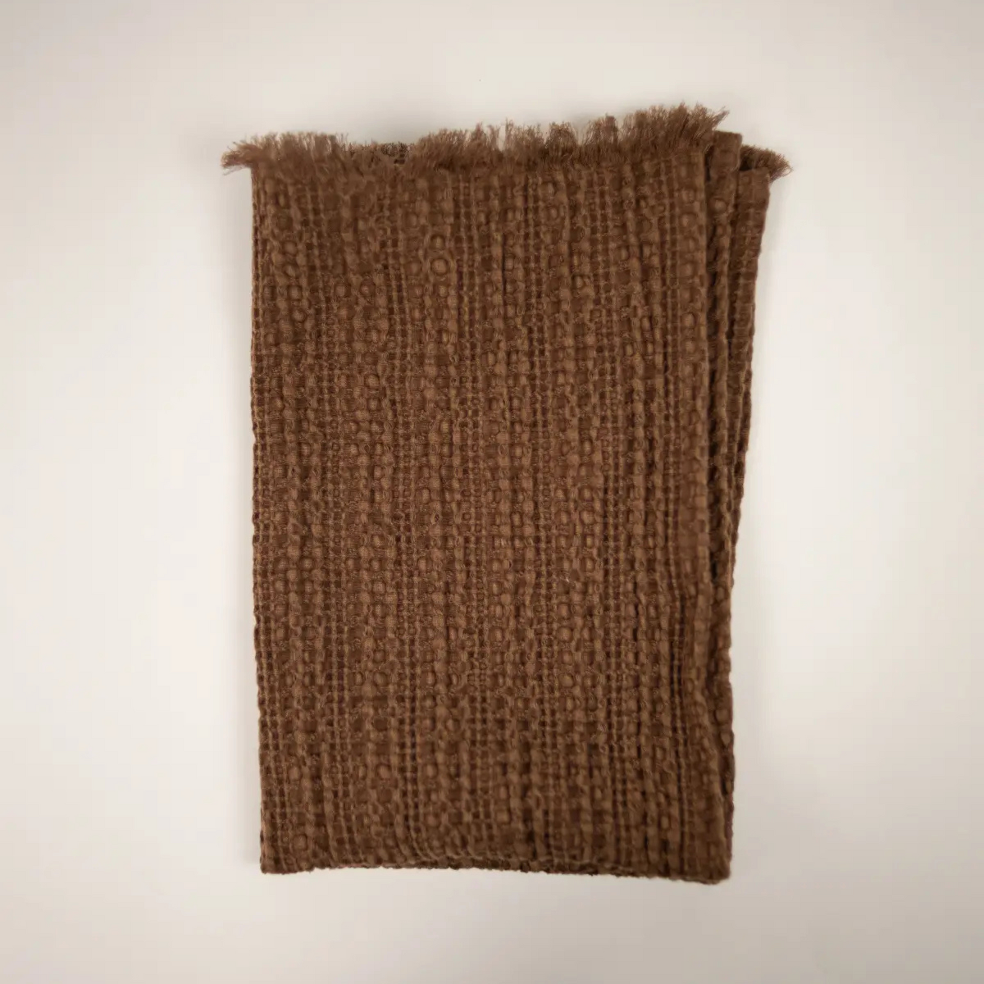 Elise kjøkkenhåndkle i brun og oransje bomull med frynsete kanter, 45x65 cm