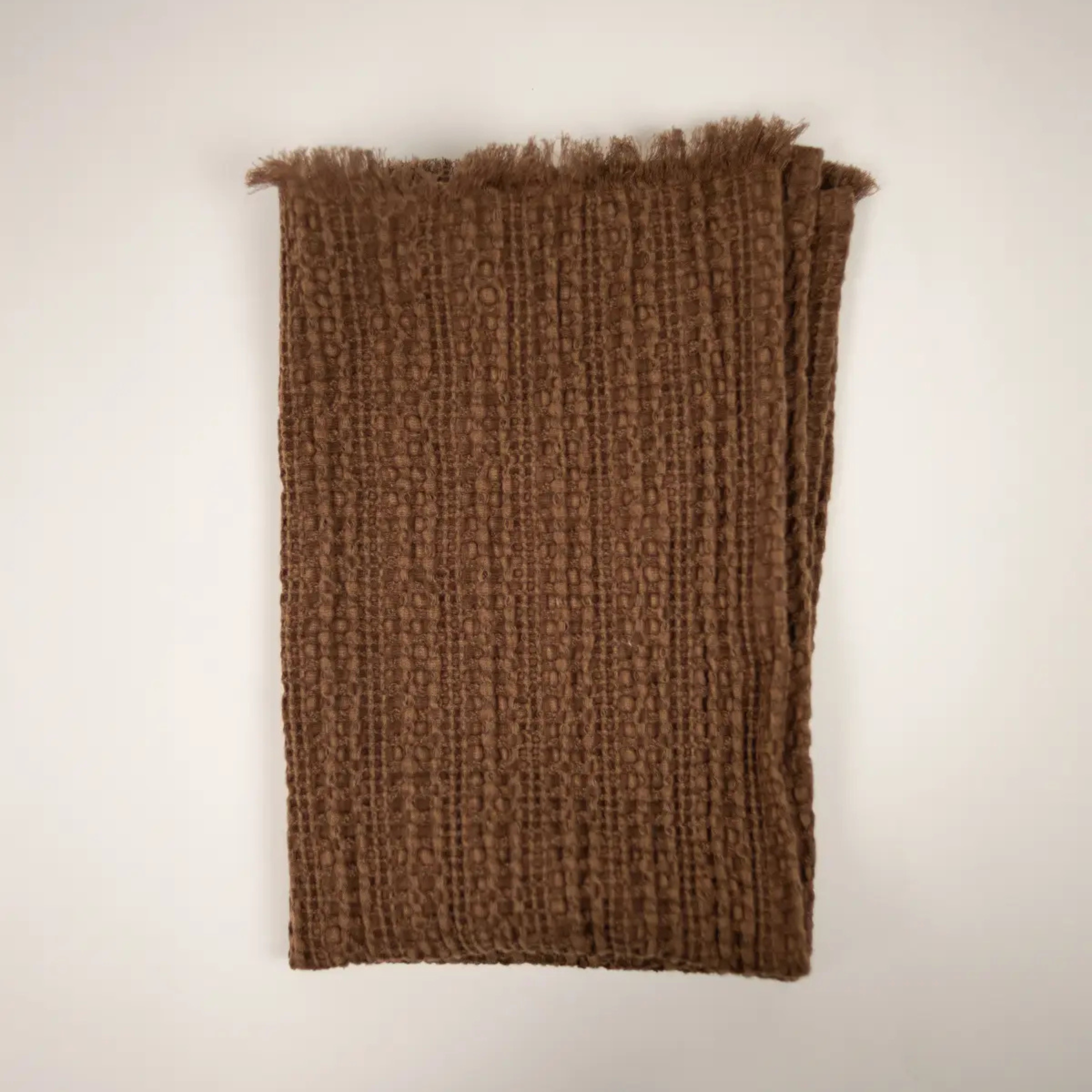 Elise kjøkkenhåndkle i brun og oransje bomull med frynsete kanter, 45x65 cm