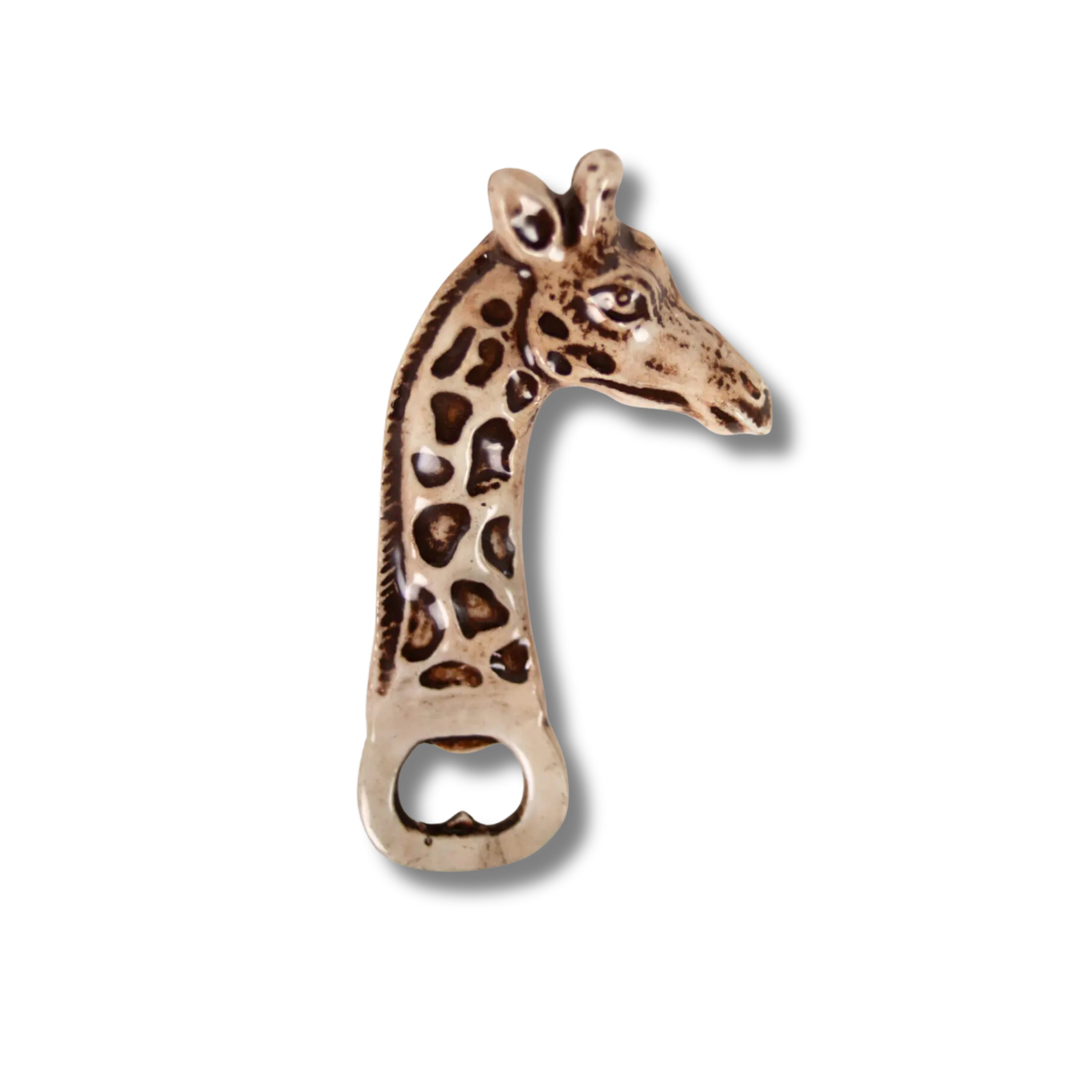 Flaskeåpner giraff håndlaget i metall med dekorativt giraffdesign