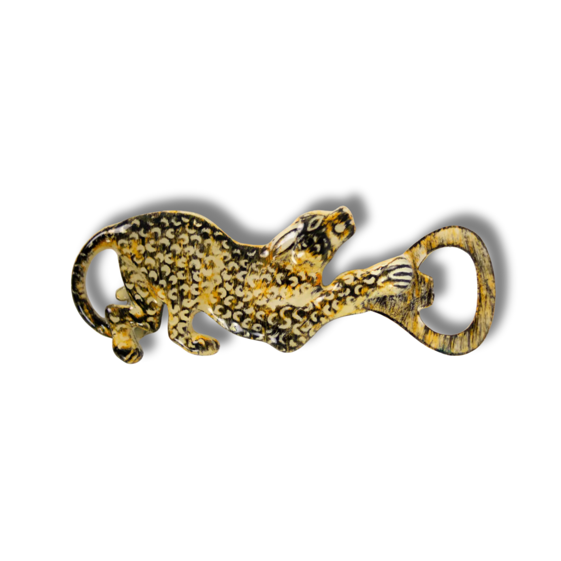 Leopard flaskeåpner dekor i håndmalt metall med dekorativ leopardform