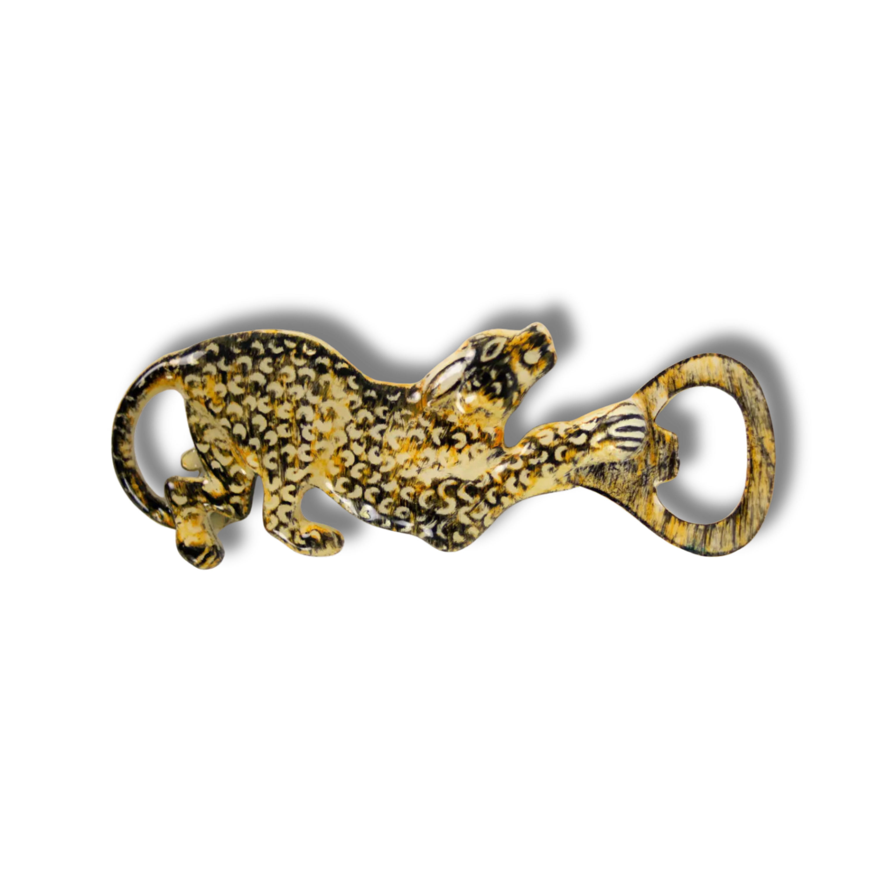 Leopard flaskeåpner dekor i håndmalt metall med dekorativ leopardform
