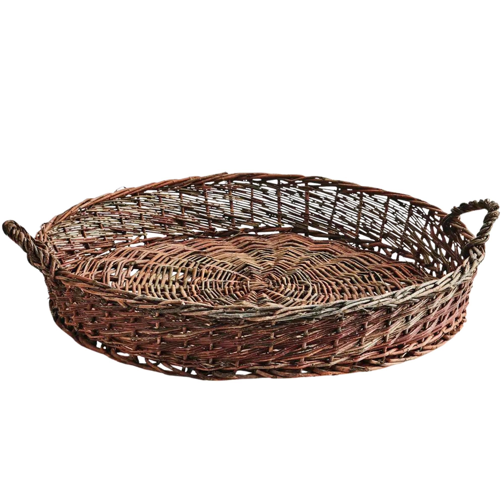 Håndflettet stort Madam Stoltz Willow Tray i naturlig pil med håndtak, sett forfra.