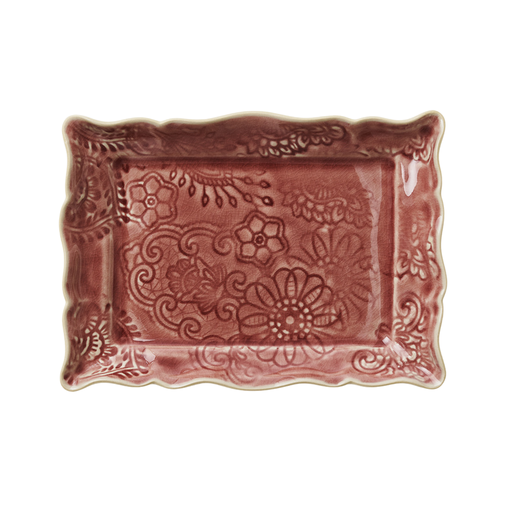 rosa fat med blomstermønster i rektangulær form