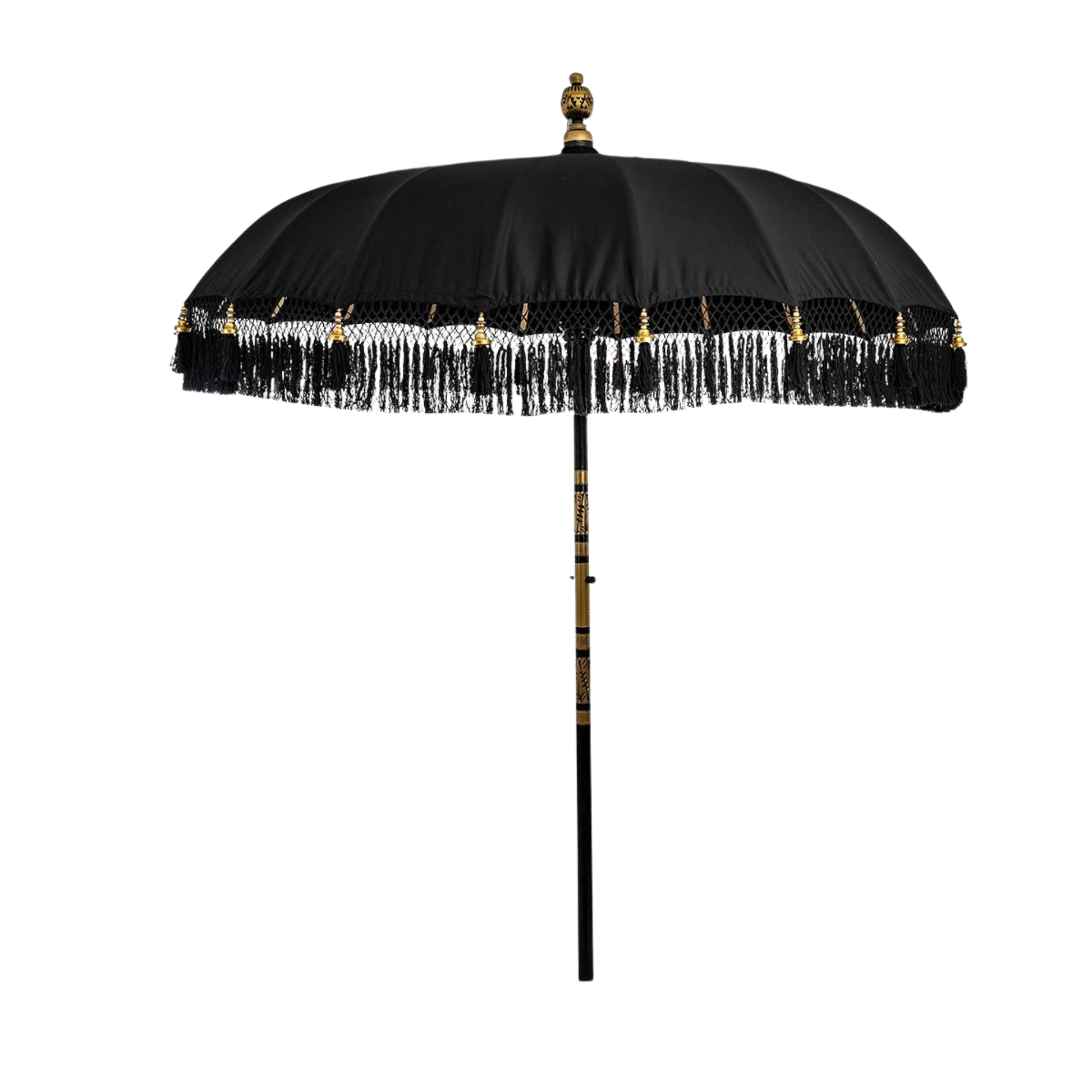 Sort Bali parasoll med håndskårne detaljer og dekorative frynser – eksklusiv solskjerm til uterommet