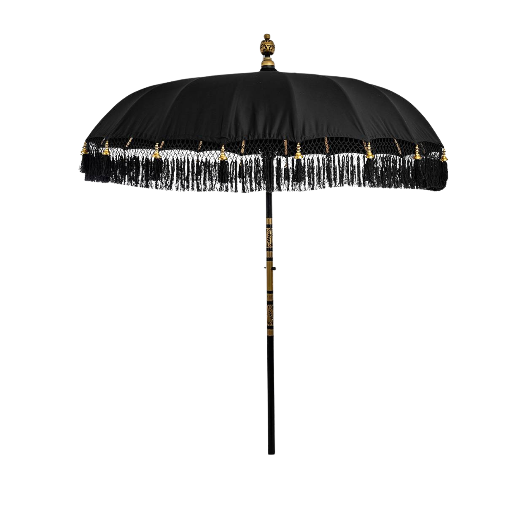 Sort Bali parasoll med håndskårne detaljer og dekorative frynser – eksklusiv solskjerm til uterommet