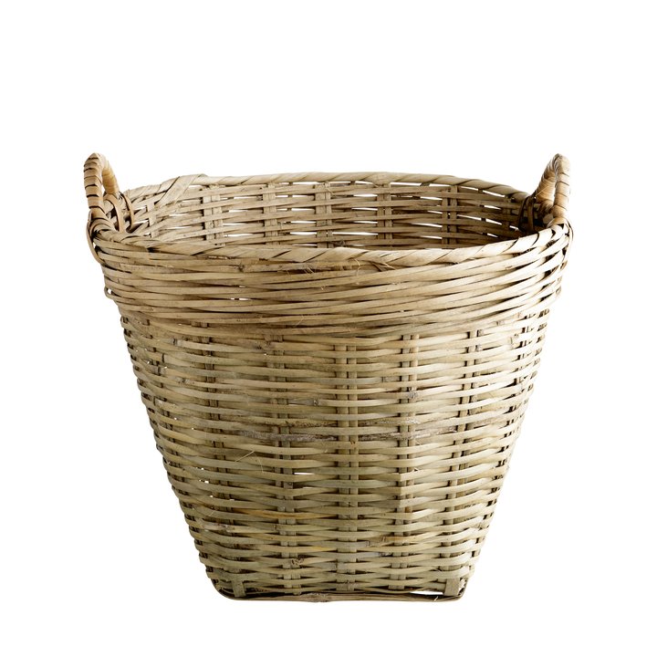 Liten håndvevd bambuskurv med håndtak, natur, Ø35 × H35 cm.