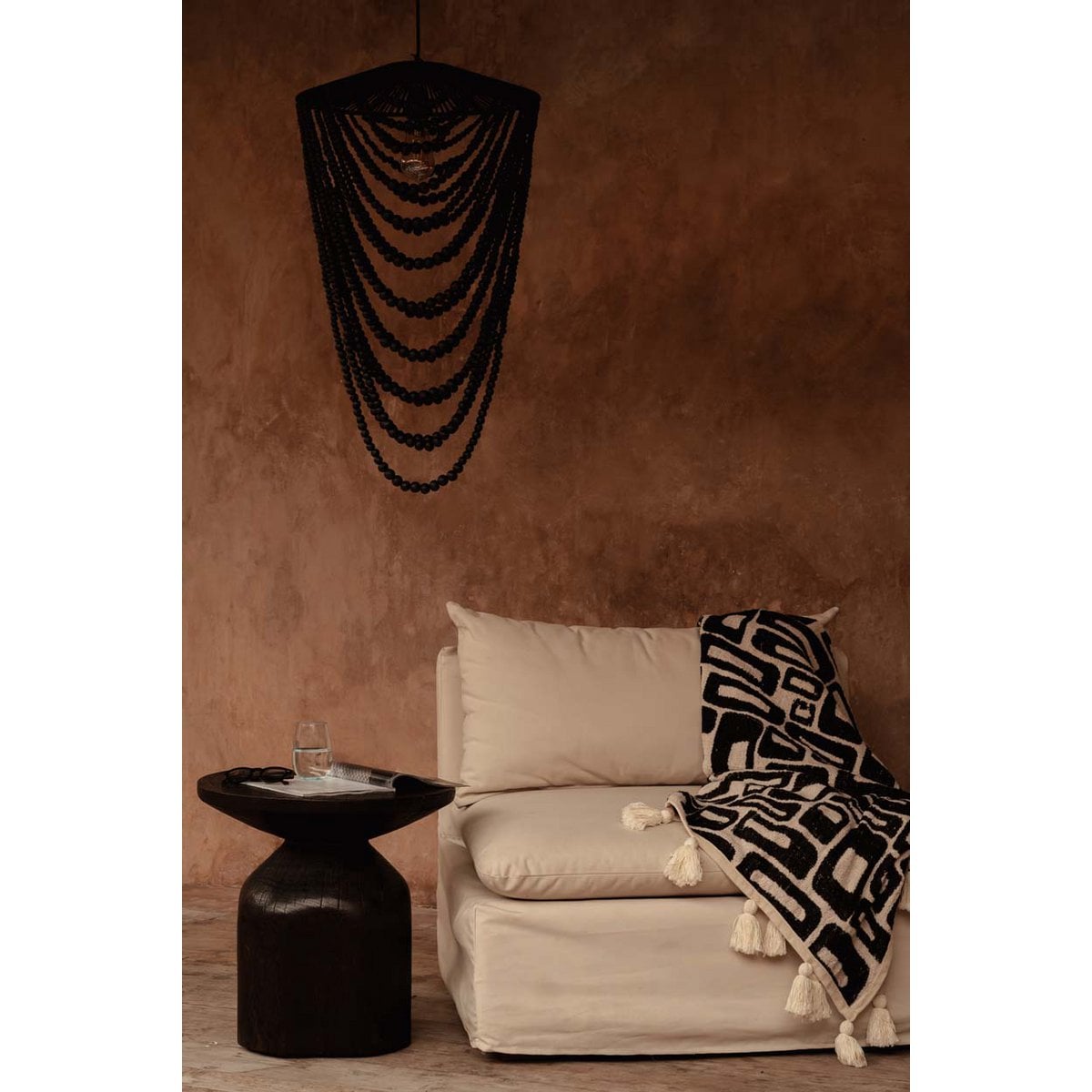 Aztec pledd i bomull – sort &amp; natur (240x128 cm)