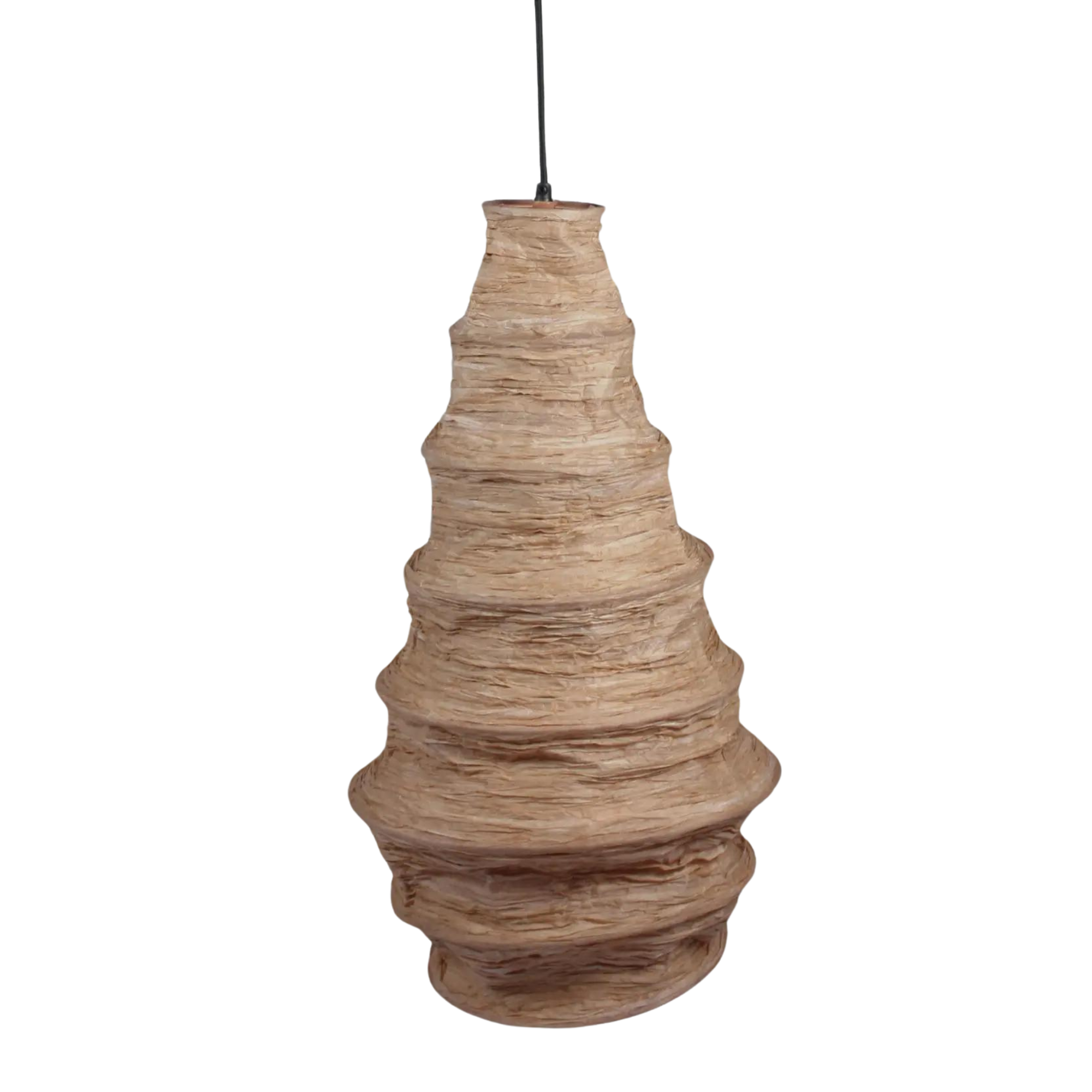 Håndlaget taklampe i bølgende baststruktur, hengende i naturfarget, organisk design – modell Bo