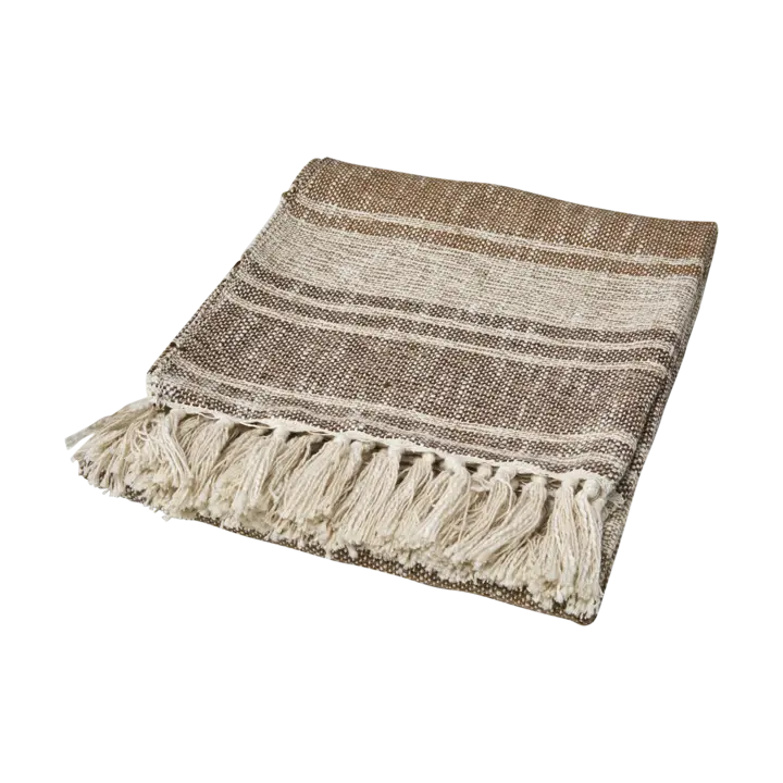 Bomullspledd i natur og brun med frynser – NILLA pledd i bomull