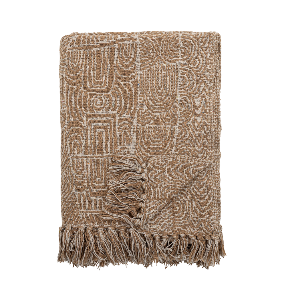 brettet pledd i beige og hvite toner, laget at resirkulert bomull