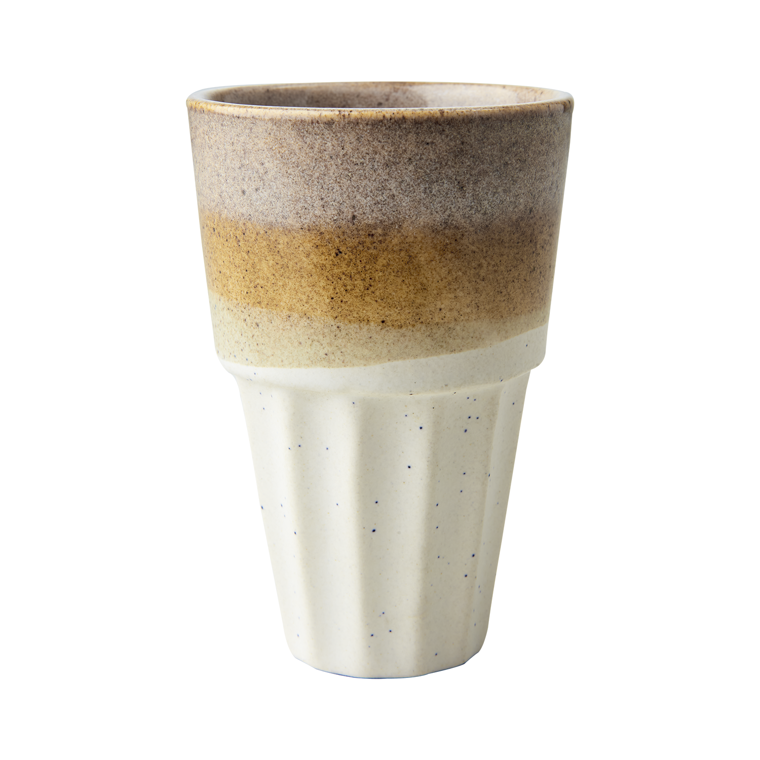 en kopp i keramikk uten hank i elfenbens og sennepsgul farge