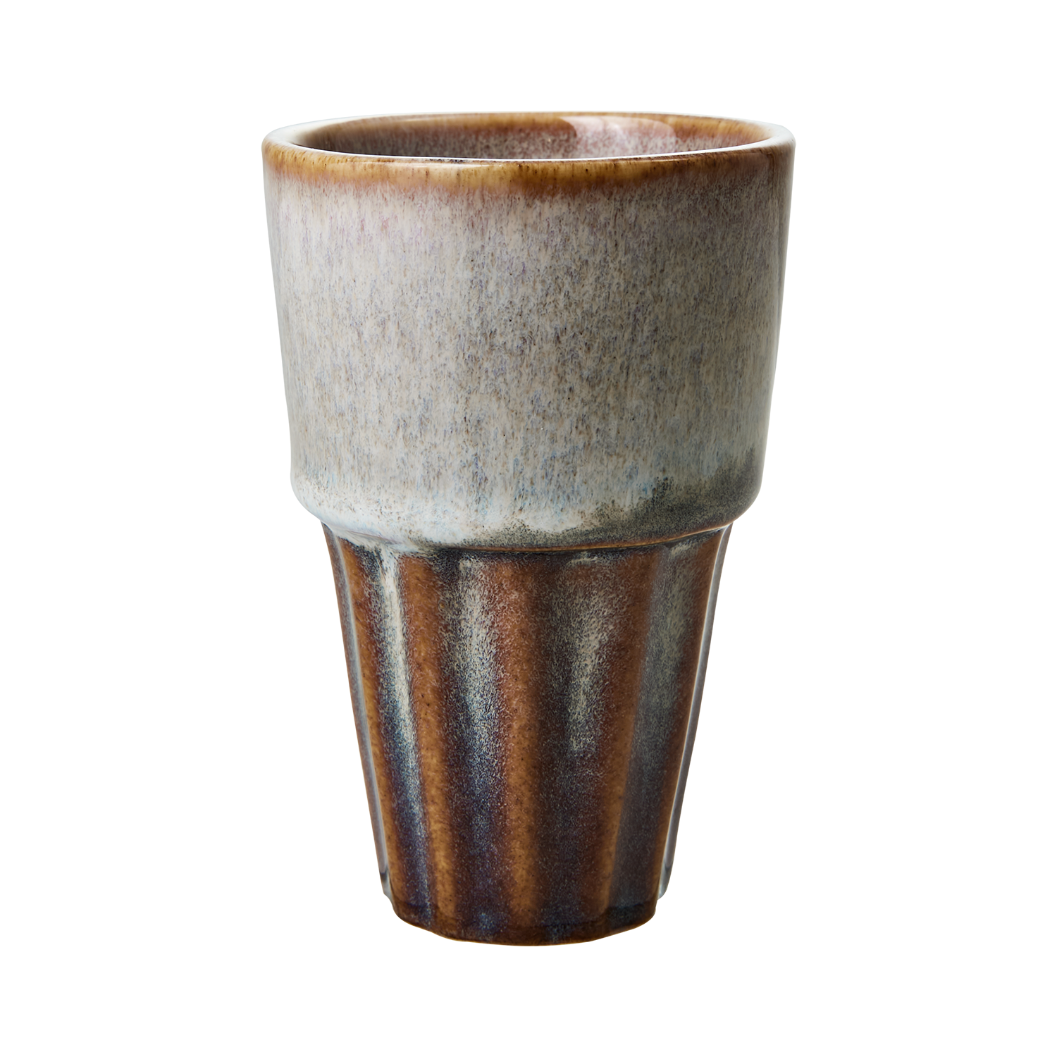keramisk kopp i brun og gråtoner uten hank