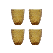 Sett med 4 amberfargede Holi drikkeglass fra House Doctor med dekorativt vintageinspirert mønster
