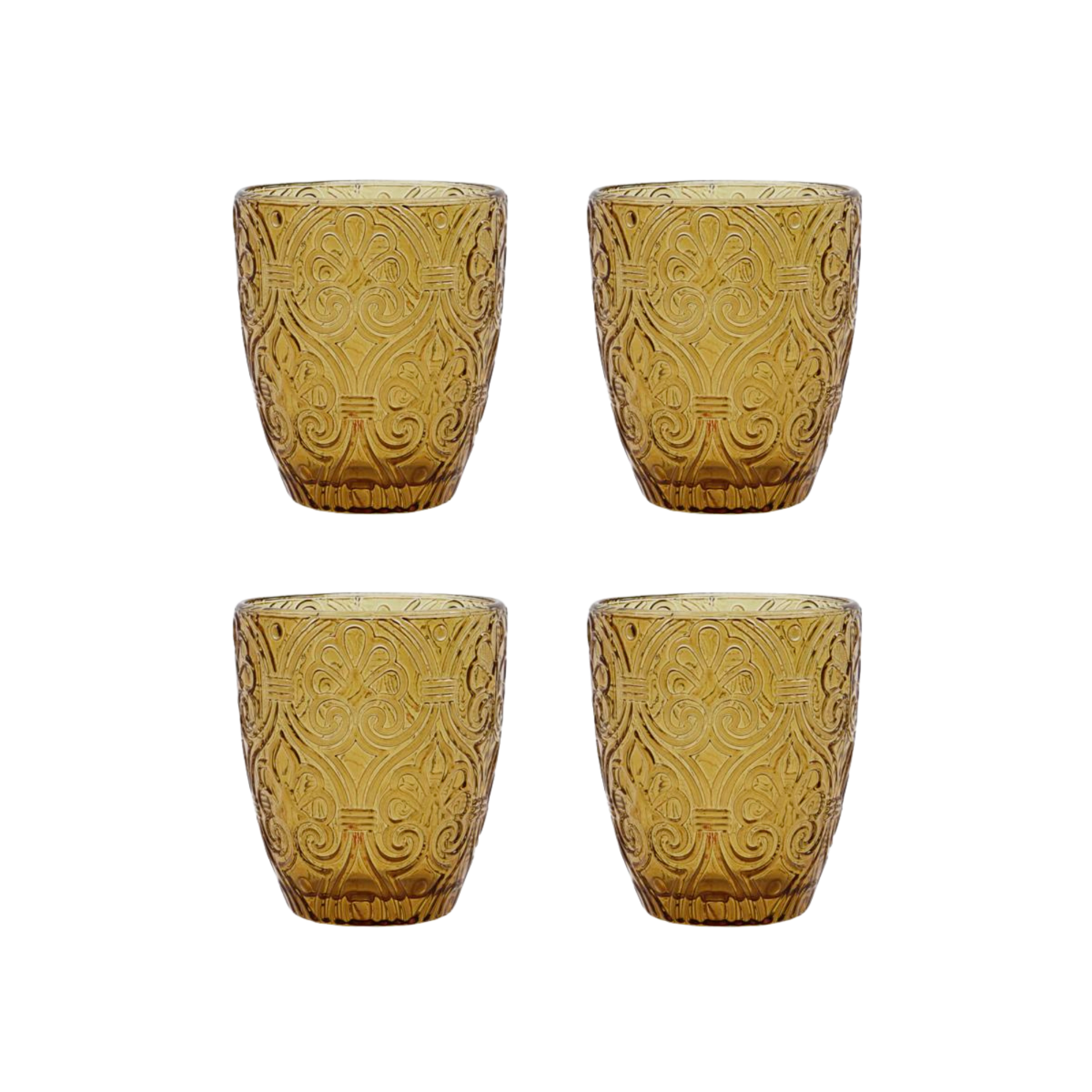 Sett med 4 amberfargede Holi drikkeglass fra House Doctor med dekorativt vintageinspirert mønster