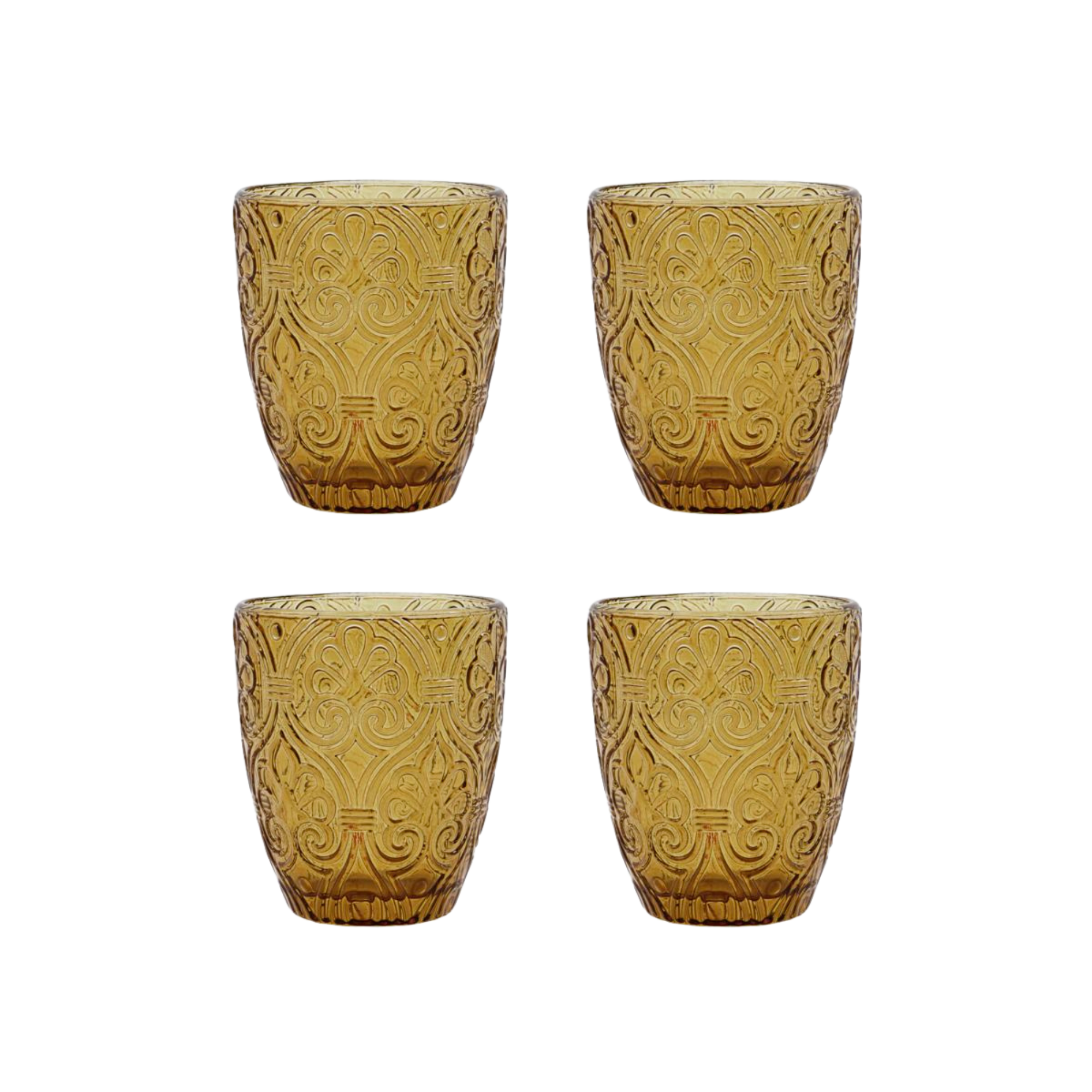 Sett med 4 amberfargede Holi drikkeglass fra House Doctor med dekorativt vintageinspirert mønster