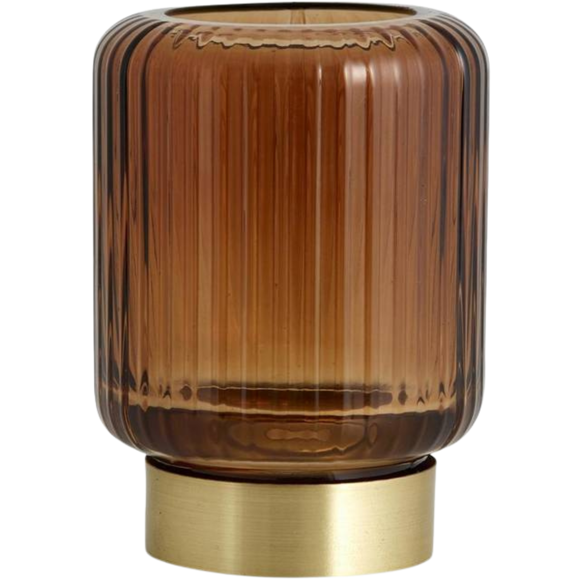 Nordal Ella lysestake i brun rilleglass med gyllen metallfot, Ø8xH11 cm