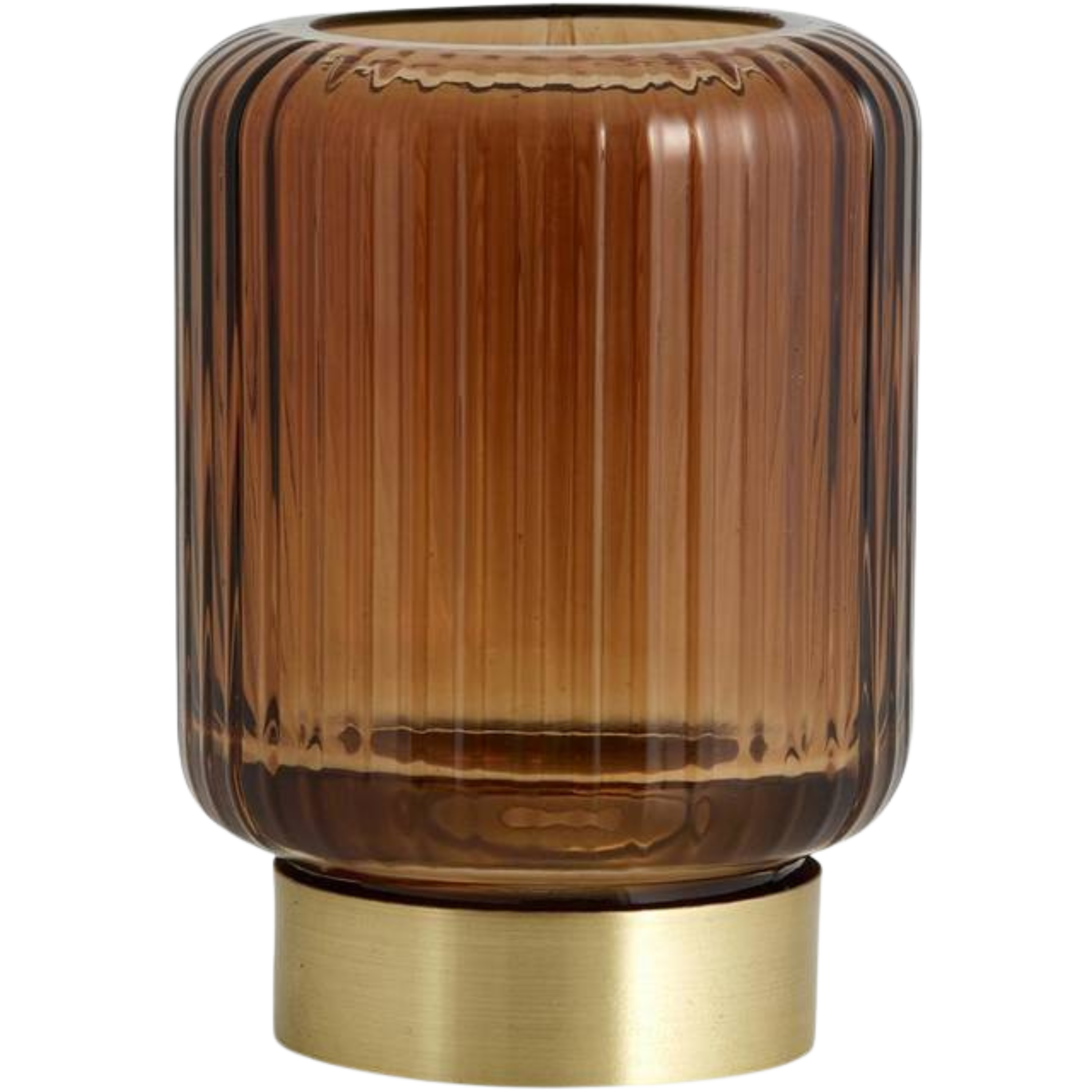 Nordal Ella lysestake i brun rilleglass med gyllen metallfot, Ø8xH11 cm
