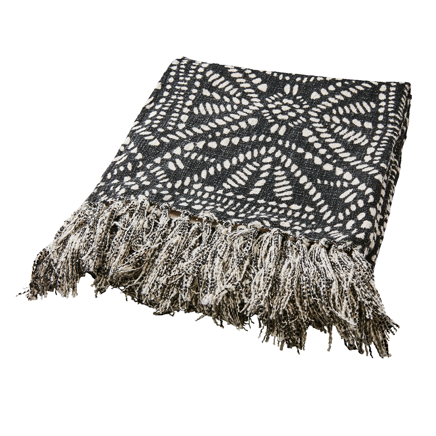 FERNANDO pledd i svart og natur med vevd mønster og frynser, brettet