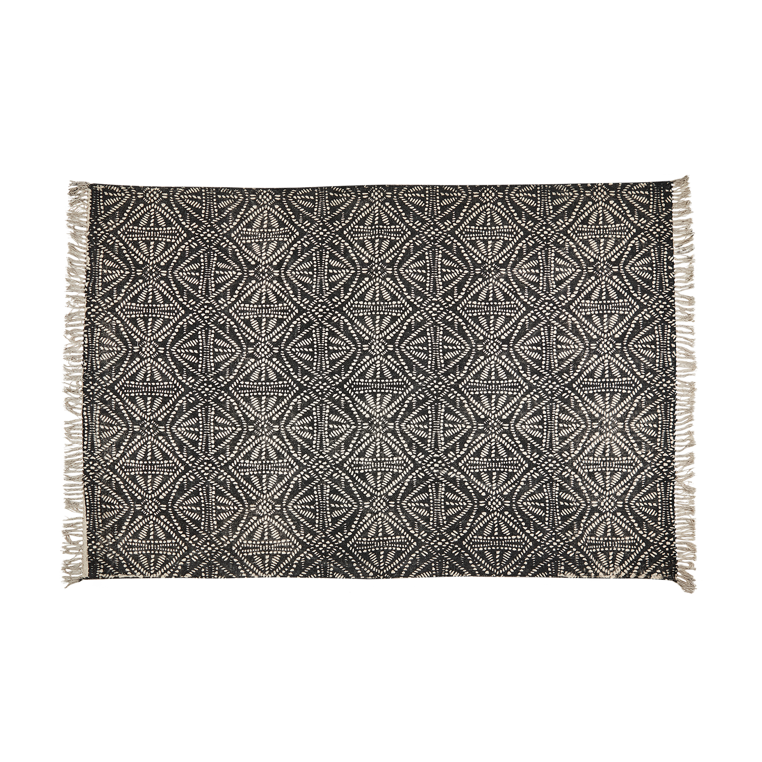 Stort bomullsteppe i natur og svart med grafisk mønster og frynser – FERNANDO 160x240 cm