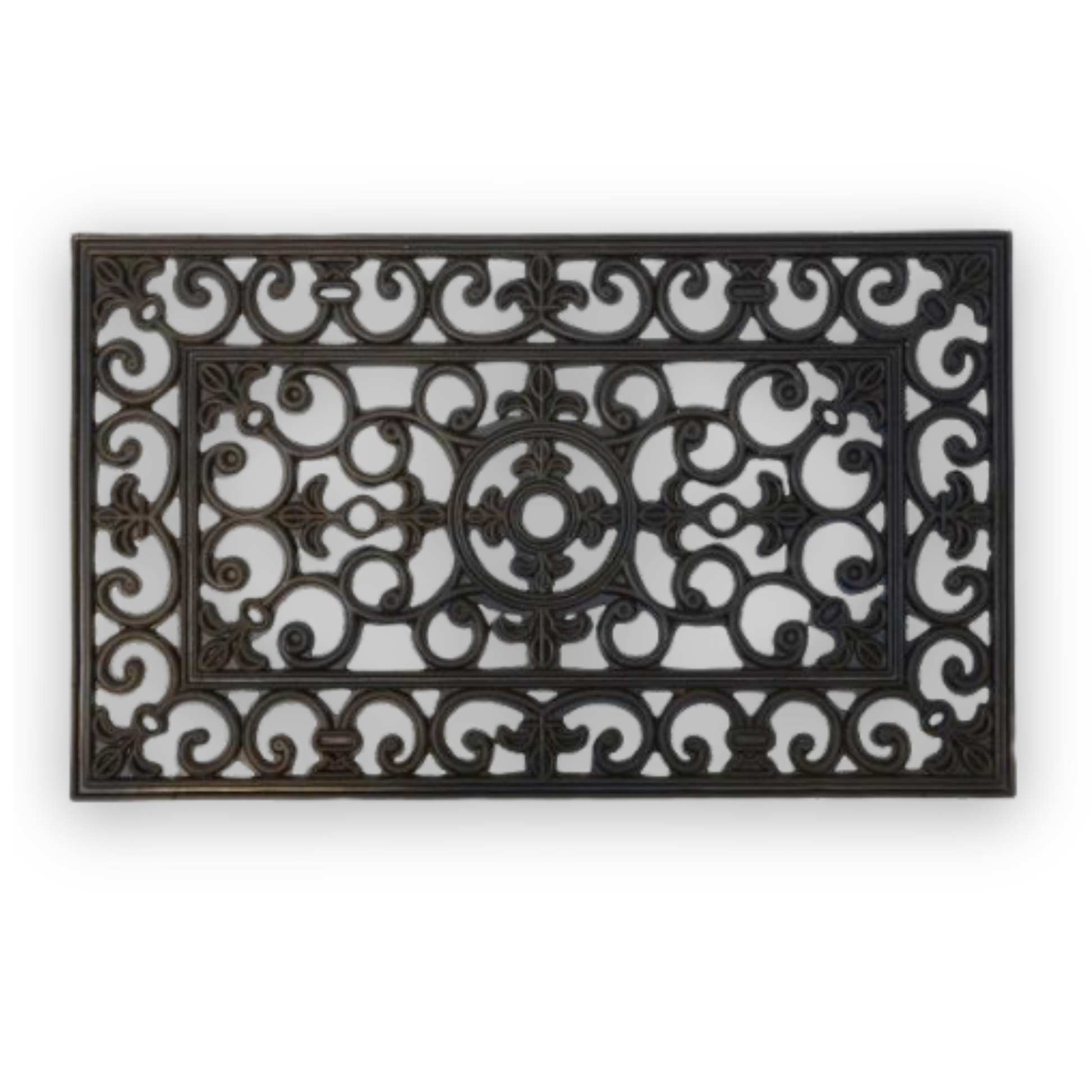 Sort dørmatte i slitesterk gummi med dekorativt filigranmønster – 45x75 cm