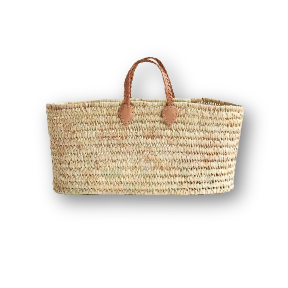 Stor flettet strandbag i naturfarget palmeblad med flate skinnhåndtak