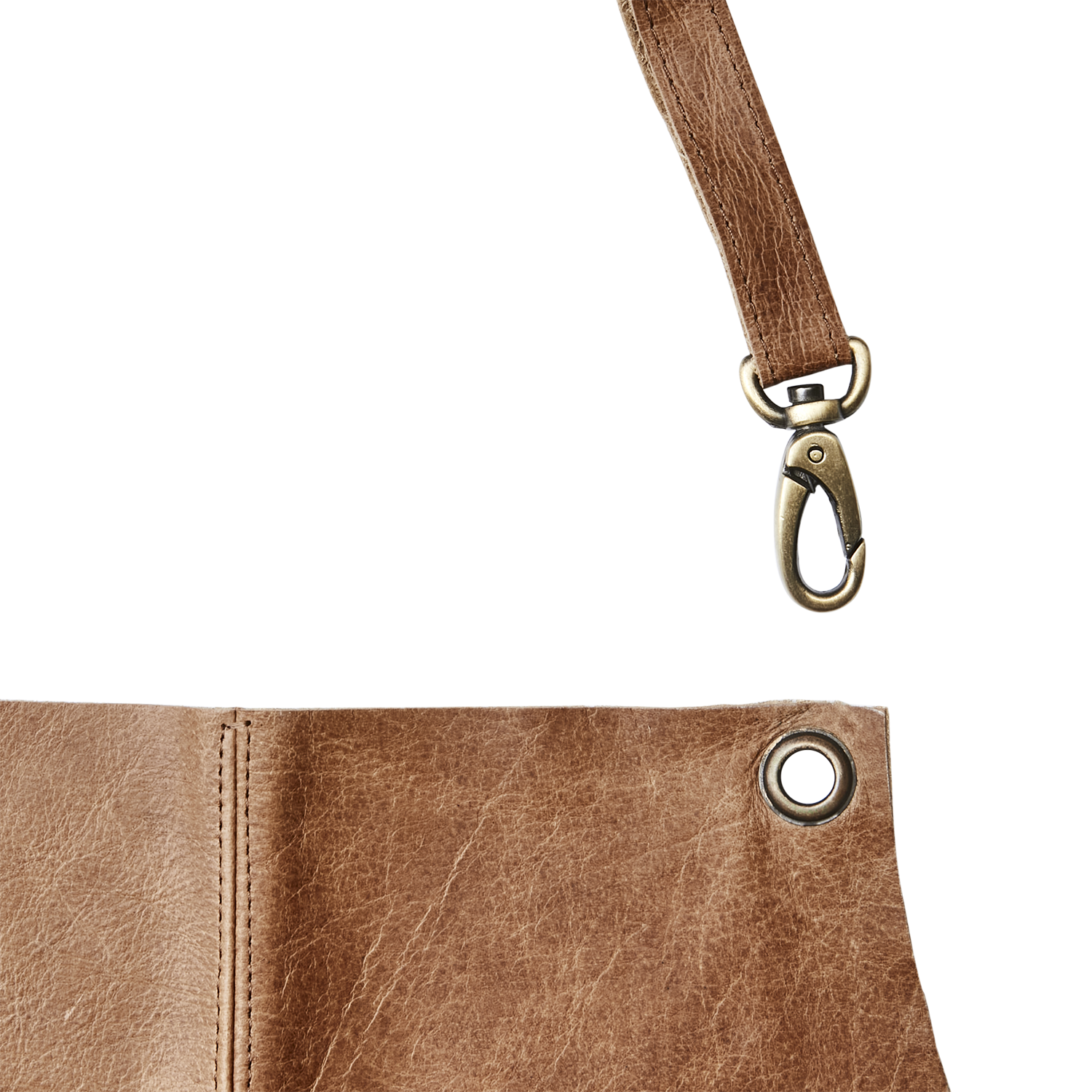  Detaljbilde av Oxford skinnforkle – håndlaget kvalitet med naturlig patina. 