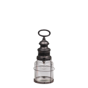 Håndlaget fransk staldlanterne i antikk kul metall og glass med ringhåndtak og innebygd LED-lys.