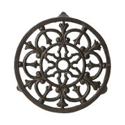 Rundt gryteunderlag i støpejern med dekorativt mønster – Frej