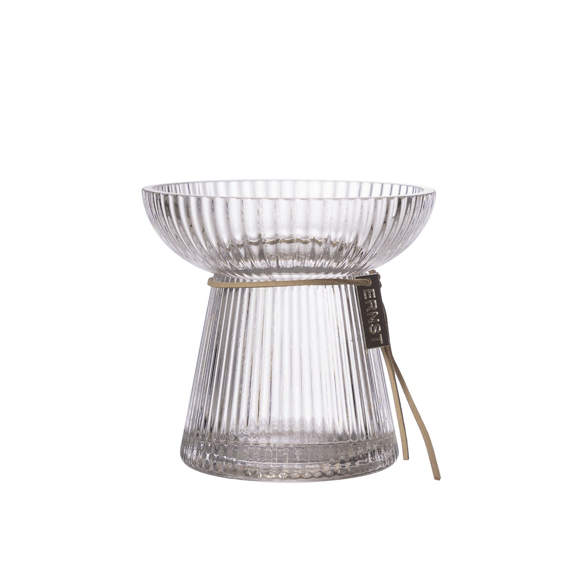 Liten klar glassvase i riflet glass med lærbånd 11 cm