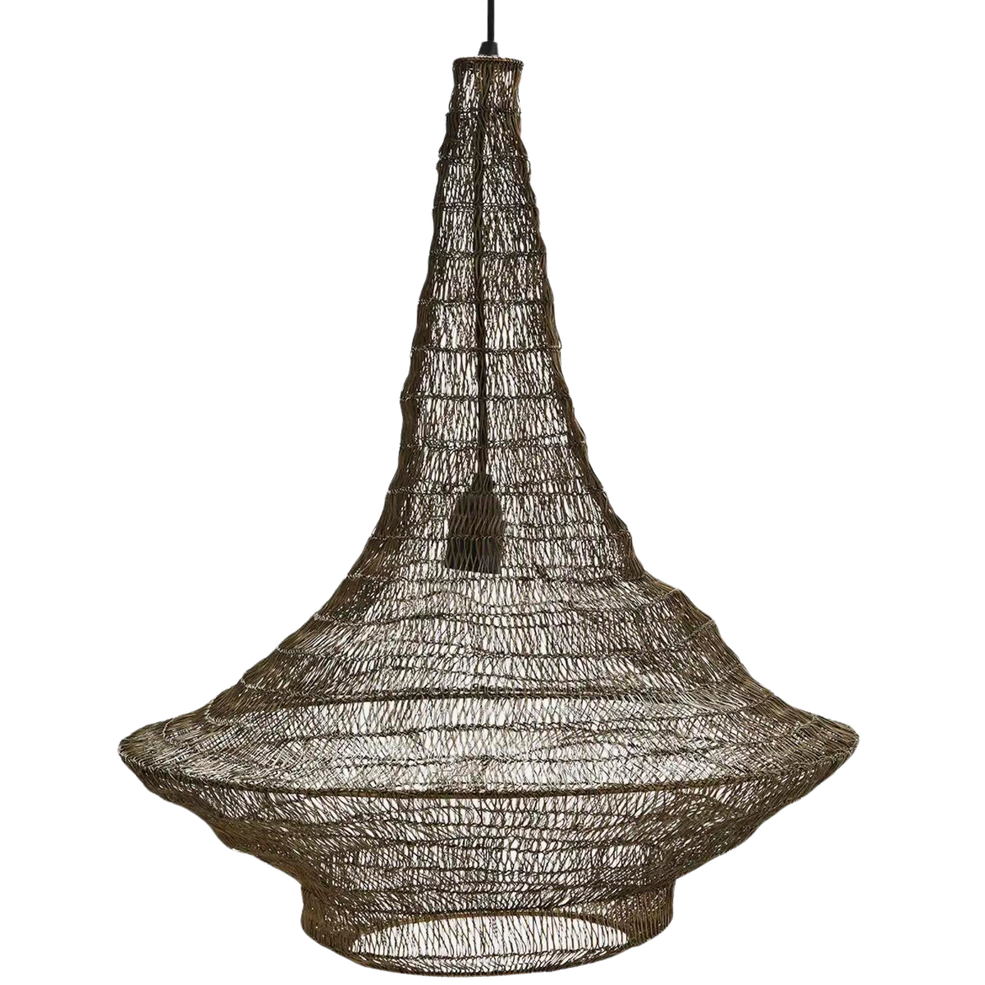 Håndlaget pendellampe i antikk messing fra Madam Stoltz – rustikk lampe i jerntråd med moderne, organisk form.