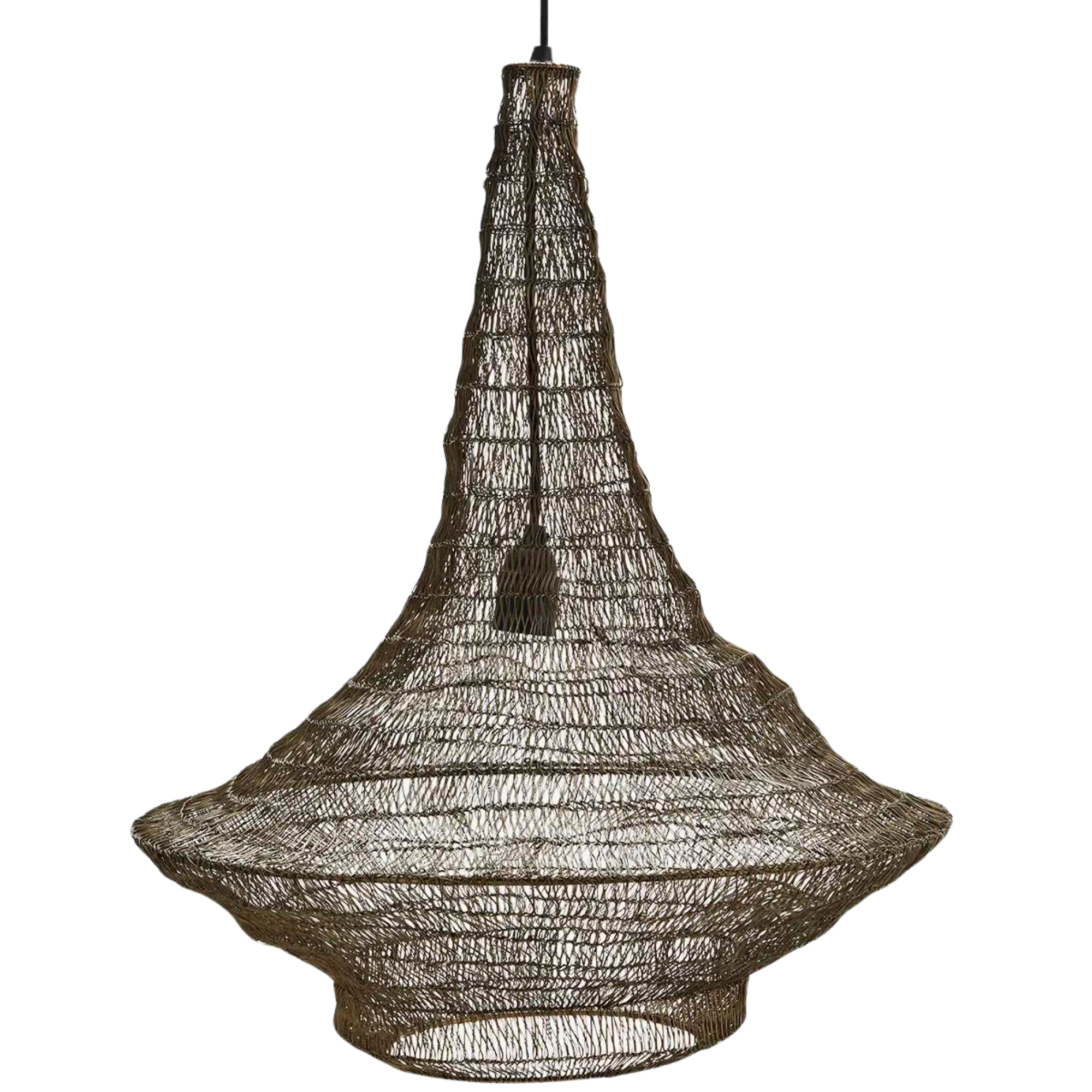 Håndlaget pendellampe i antikk messing fra Madam Stoltz – rustikk lampe i jerntråd med moderne, organisk form.