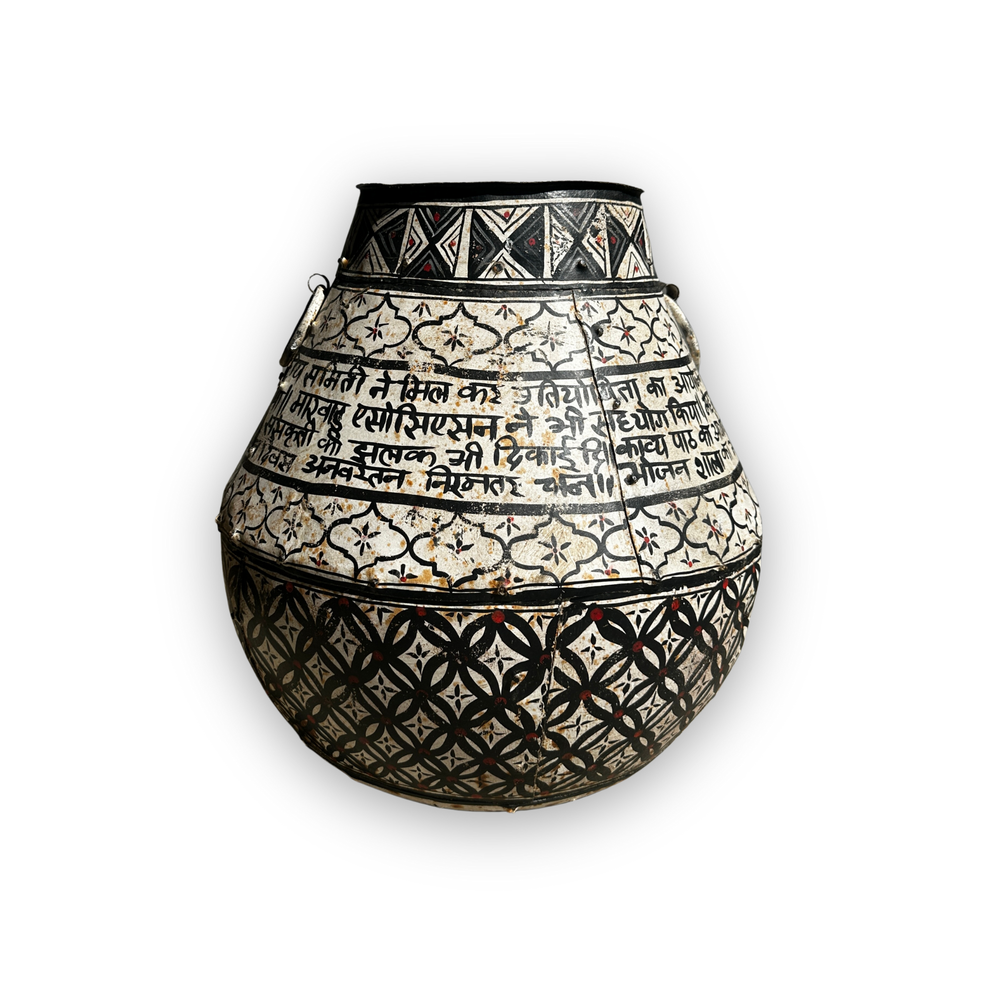 håndmalt jernbalje vintage fra Affari of Sweden – dekorativ bøtte i svart og hvit med mønster