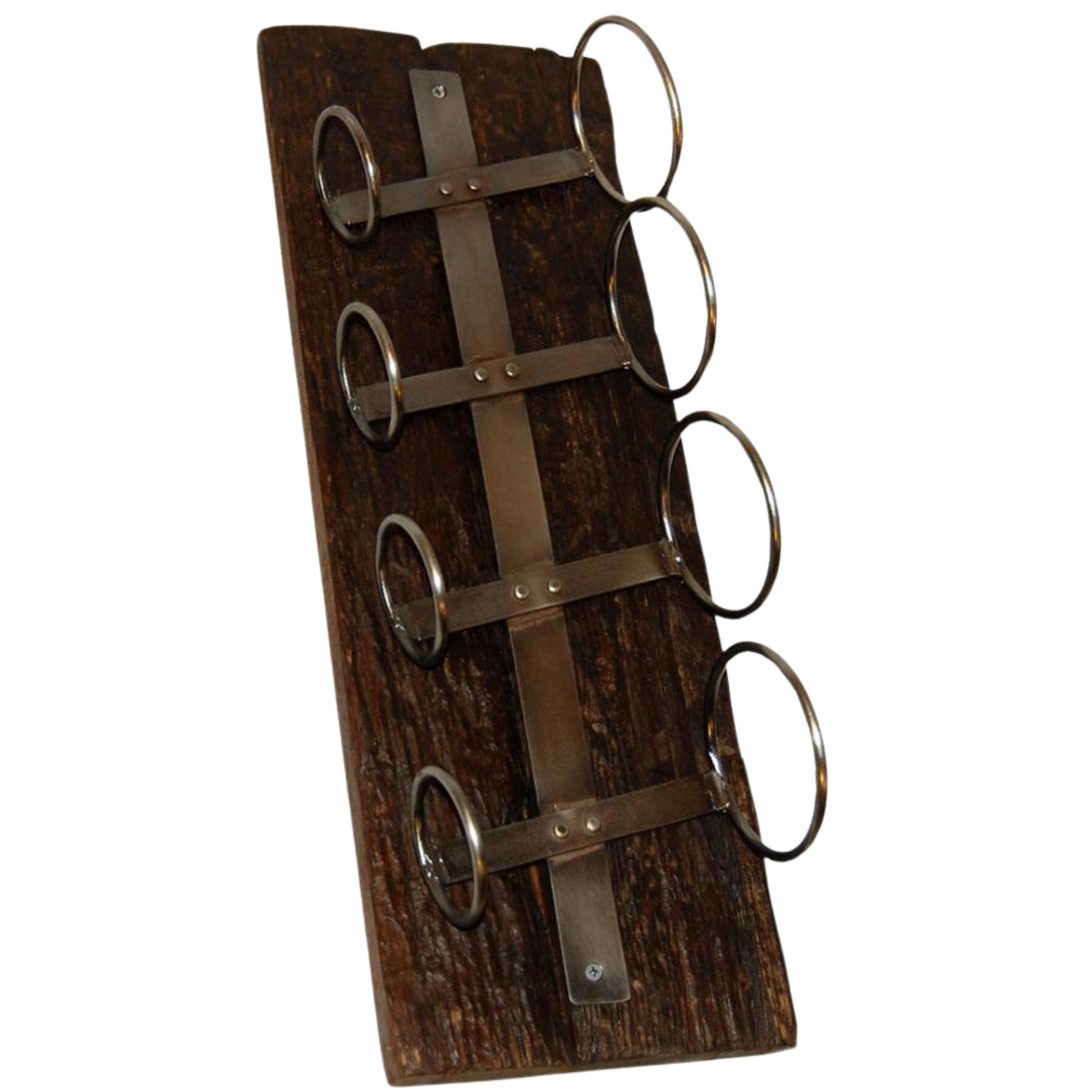 Rustikk vinreol i resirkulert tre og jern – vegghengt vinholder med plass til fire flasker