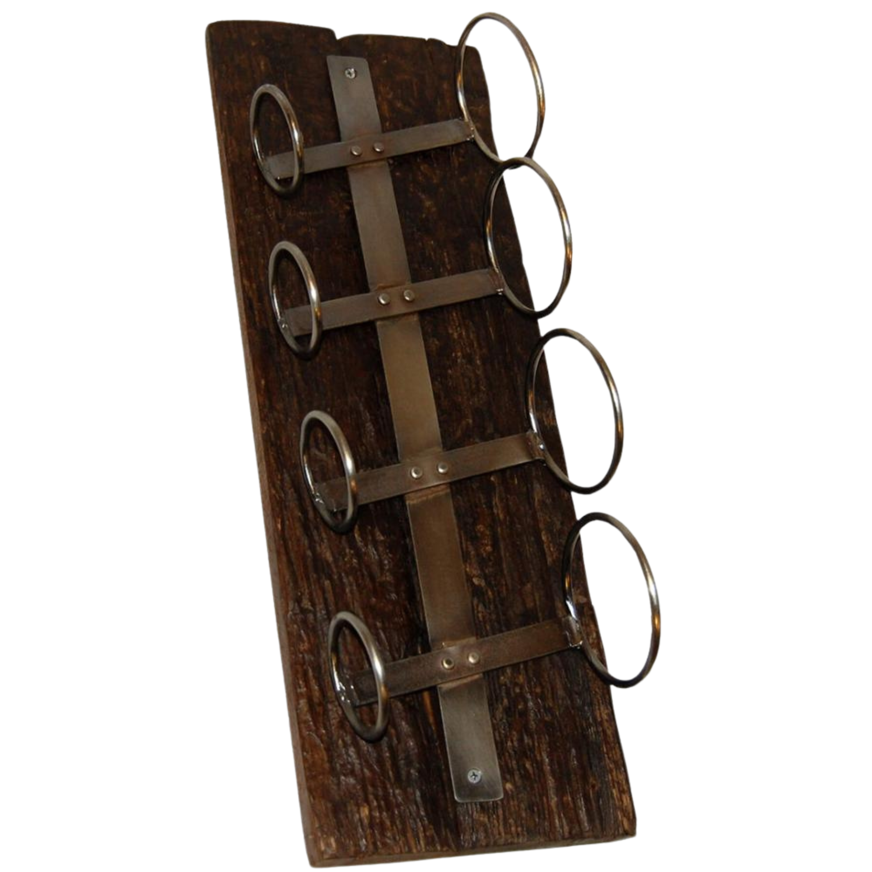 Rustikk vinreol i resirkulert tre og jern – vegghengt vinholder med plass til fire flasker