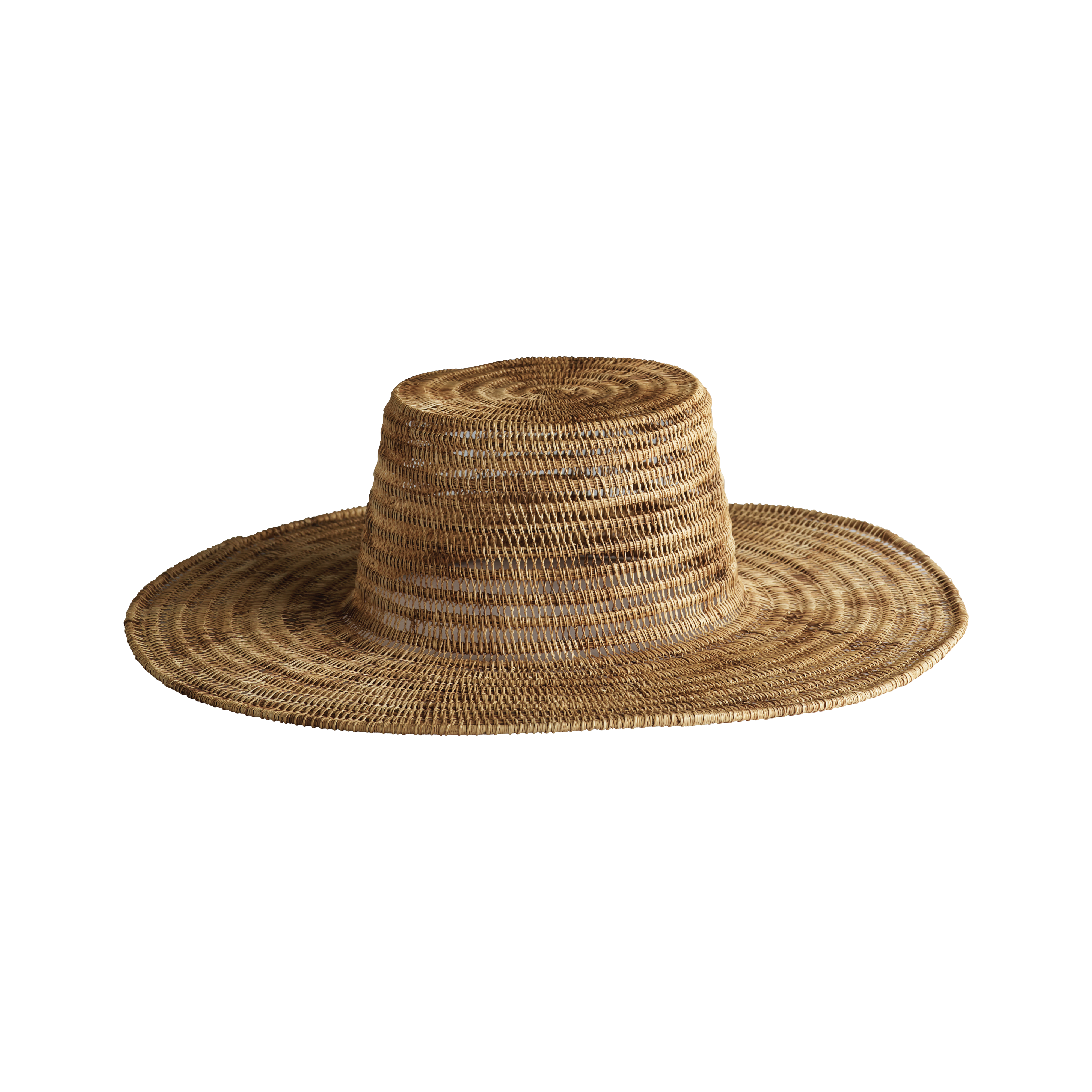 Håndflettet solhatt i naturlig palmfiber med bred brem som gir behagelig solbeskyttelse på varme sommerdager.