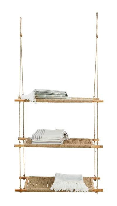 håndlaget oppbevaringshylle i jute og tre