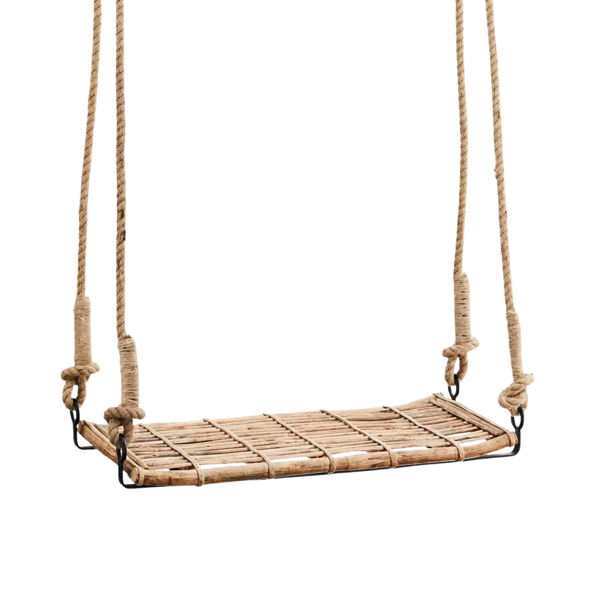 Rustikk bambushuske i naturfarget bambus, med tauoppheng – dekorativ utemøbel for veranda, hage eller hytte