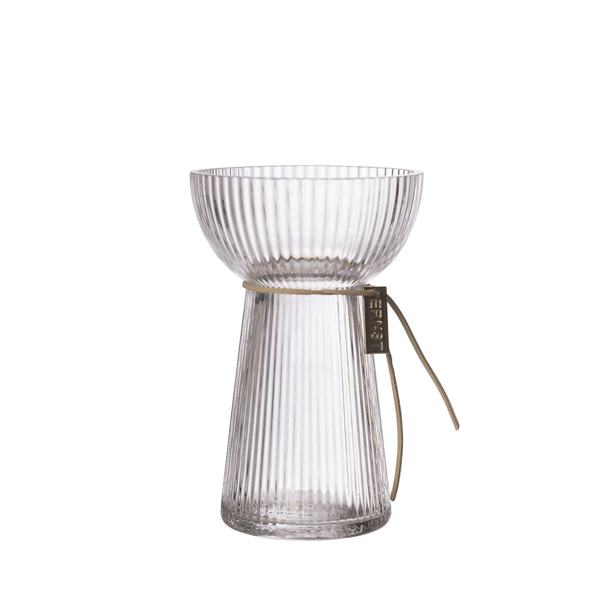 Klar hyasintvase i riflet glass med lærbånd 15 cm
