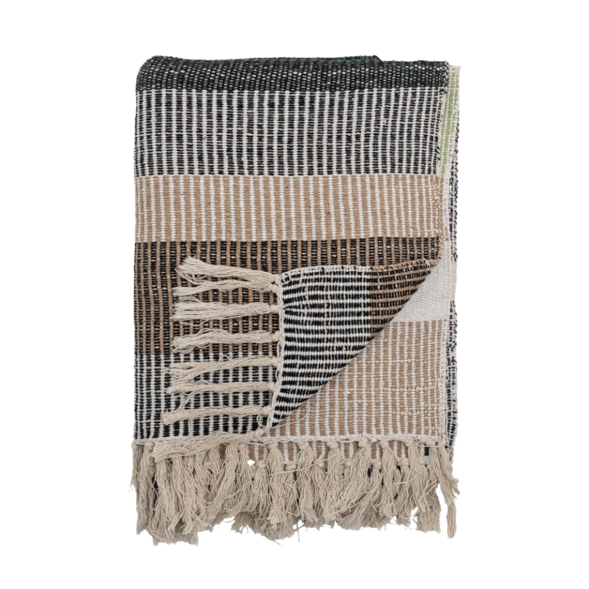 Isnel-pledd brettet sammen – bærekraftig pledd i resirkulert bomull med frynser