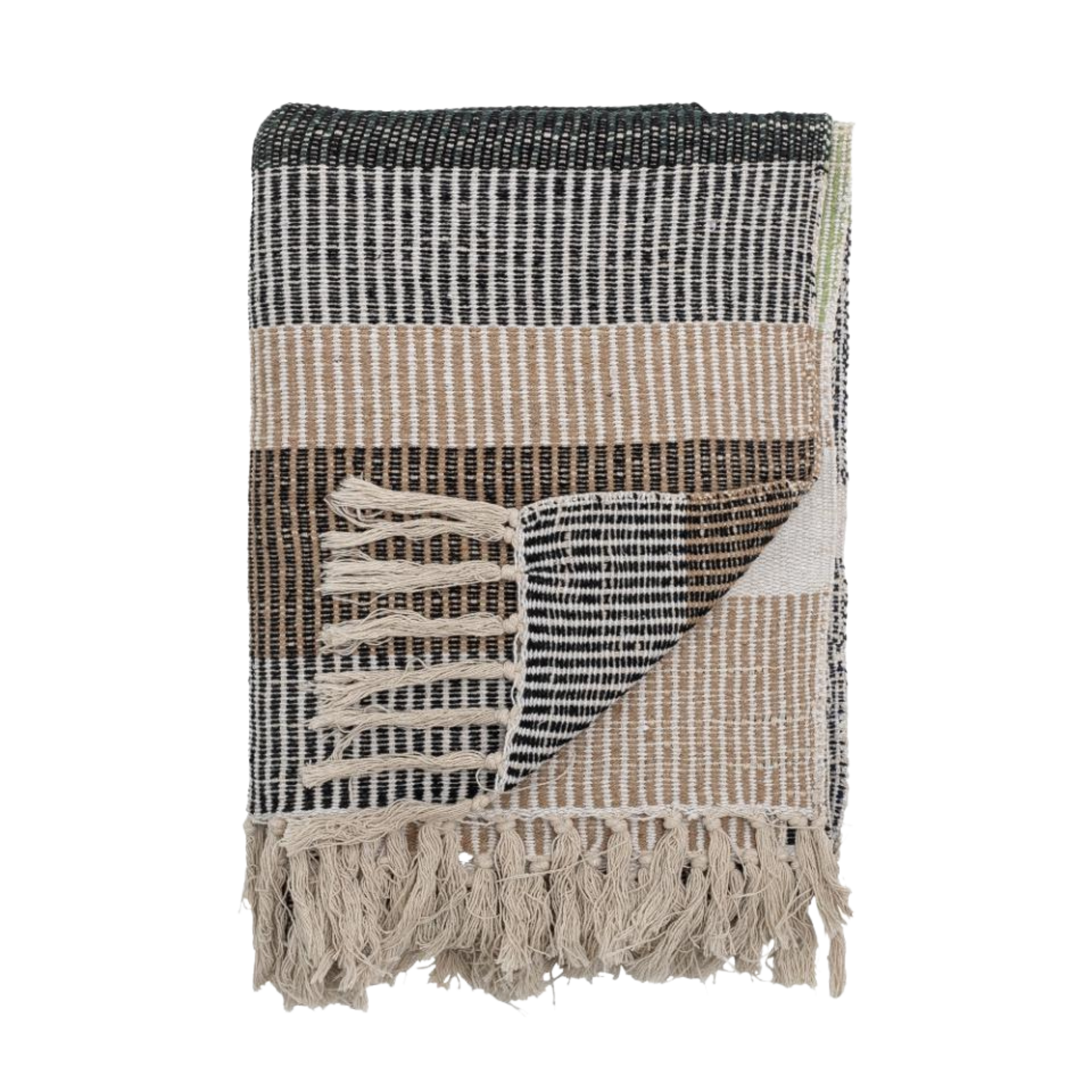 Isnel-pledd brettet sammen – bærekraftig pledd i resirkulert bomull med frynser