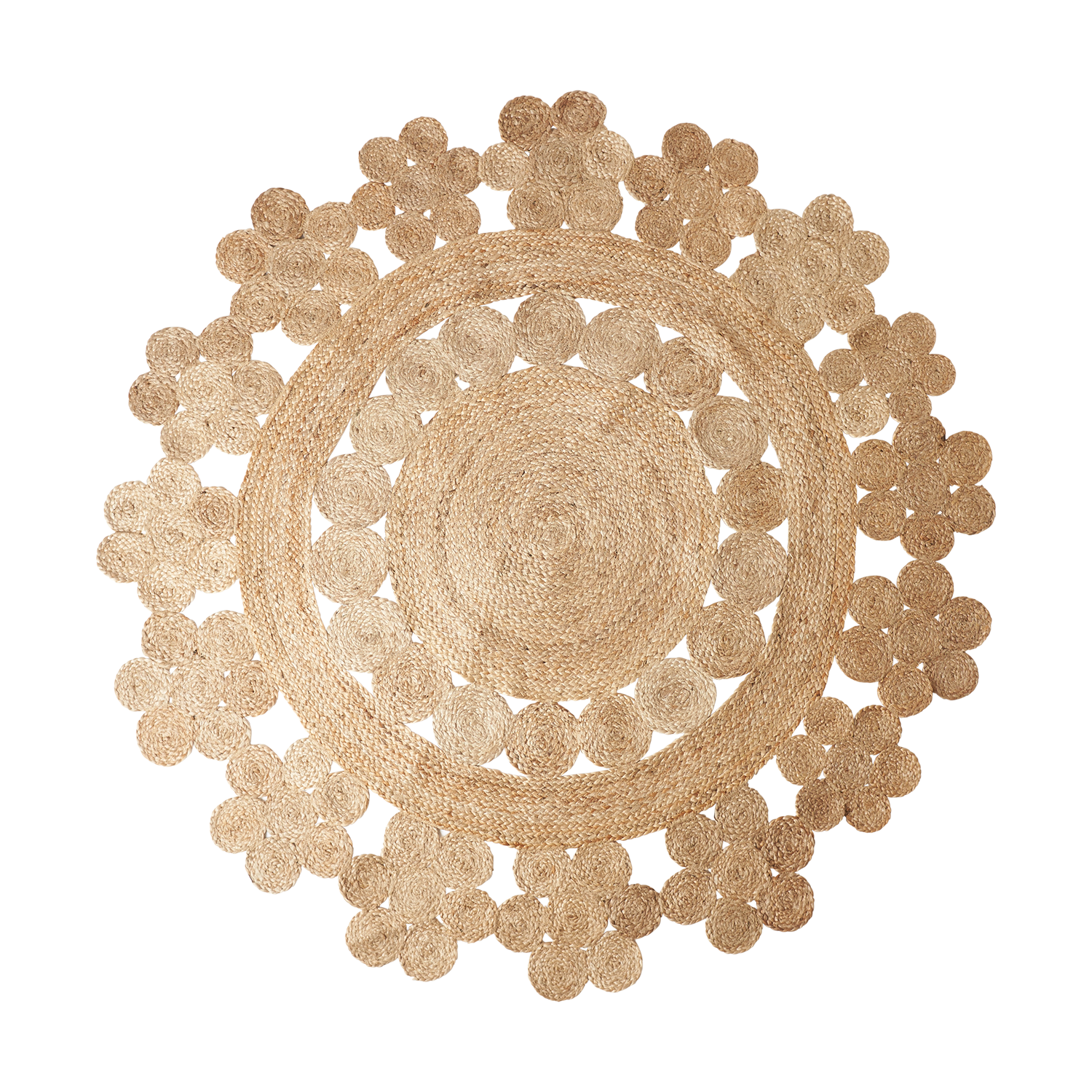 Rundt håndvevd jute teppe i naturfarge med blomsterkant og rustikk struktur – perfekt til skandinavisk interiør