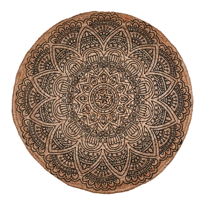 Rund Juni matte large i naturjute med dekorativt svart mønster, diameter 150 cm