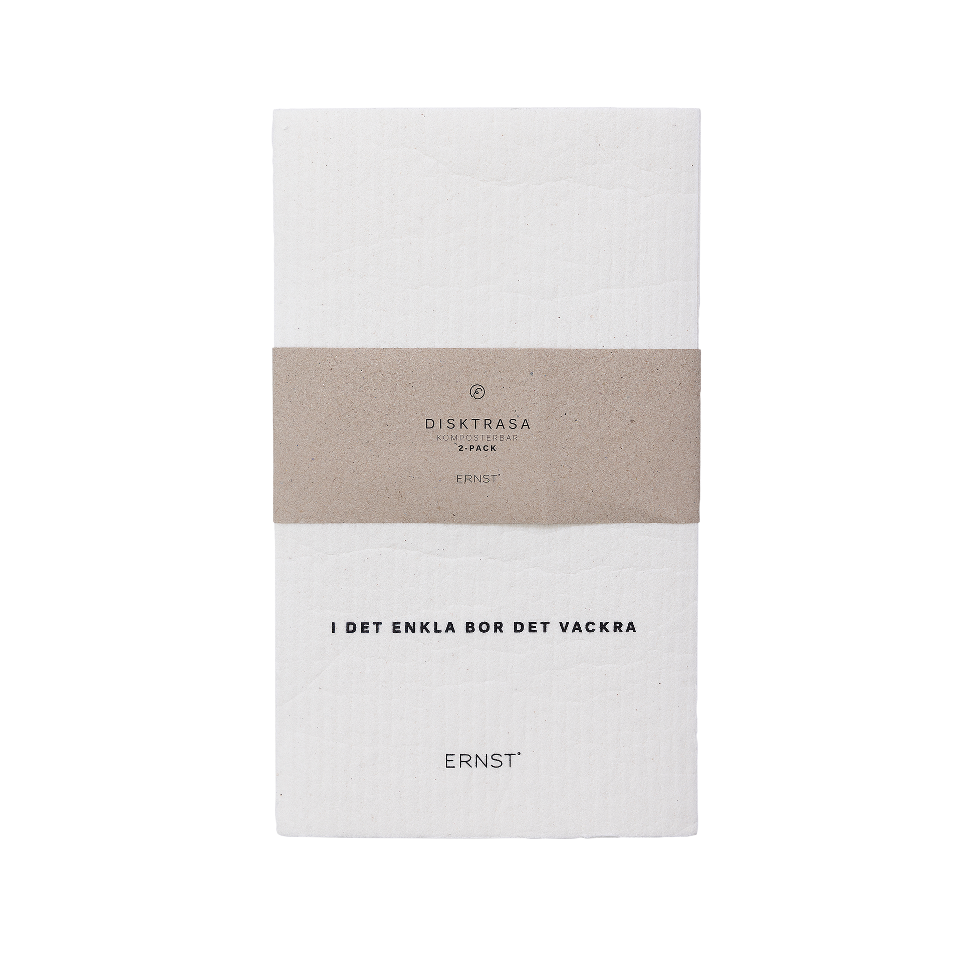 Komposterbare kjøkkenkluter i hvitt med sitatet "I det enkla bor det vackra" fra ERNST