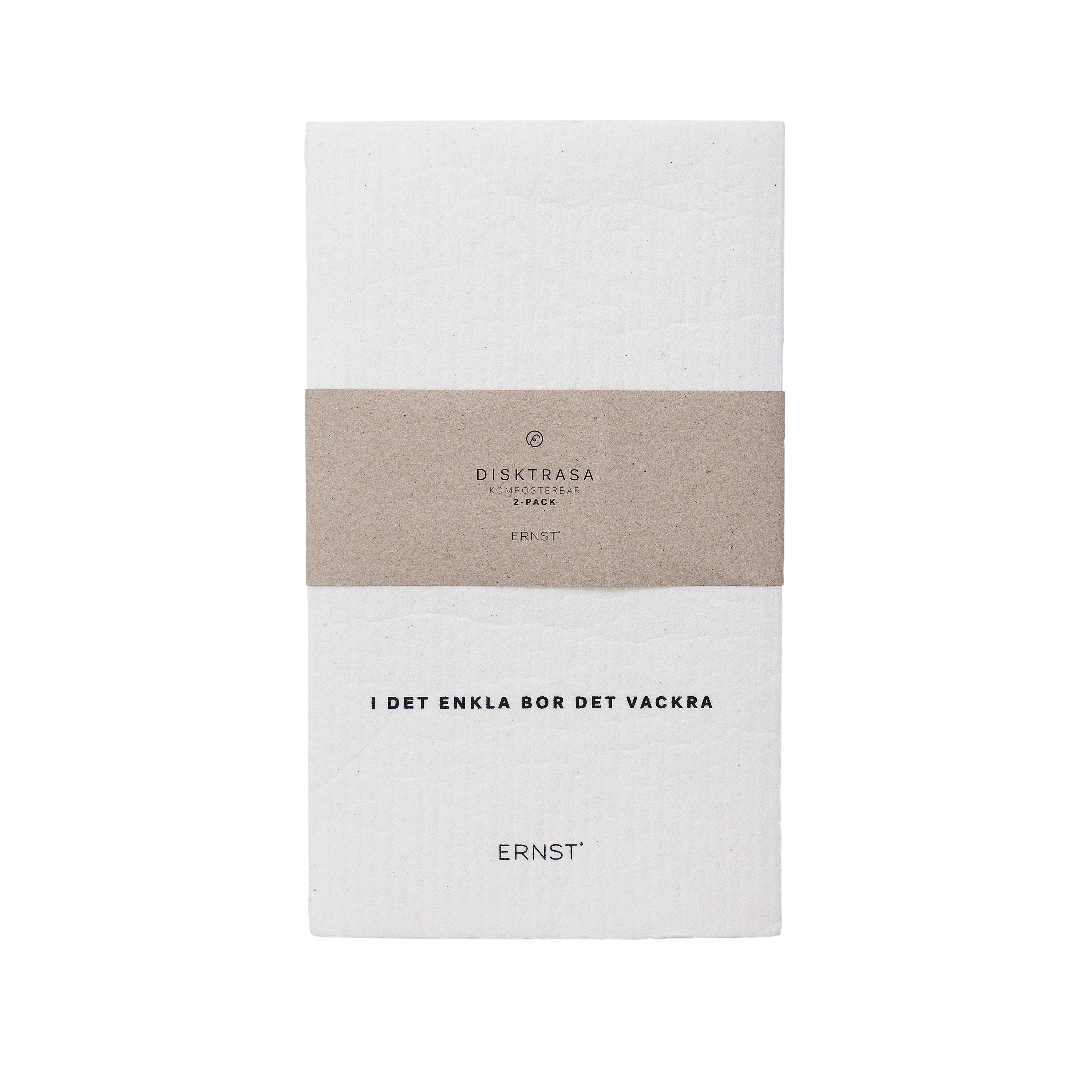 Komposterbare kjøkkenkluter i hvitt med sitatet "I det enkla bor det vackra" fra ERNST
