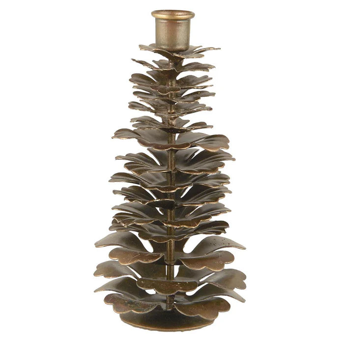 Kongleformet lysestake i messingfarget metall, 12 cm høy, for tynne kronelys.