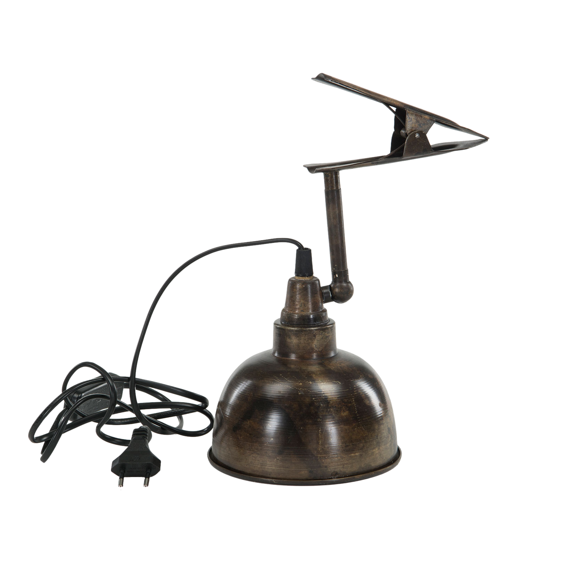 Clip lampe i antikk brun metall – industriell bordlampe med klemmefeste
