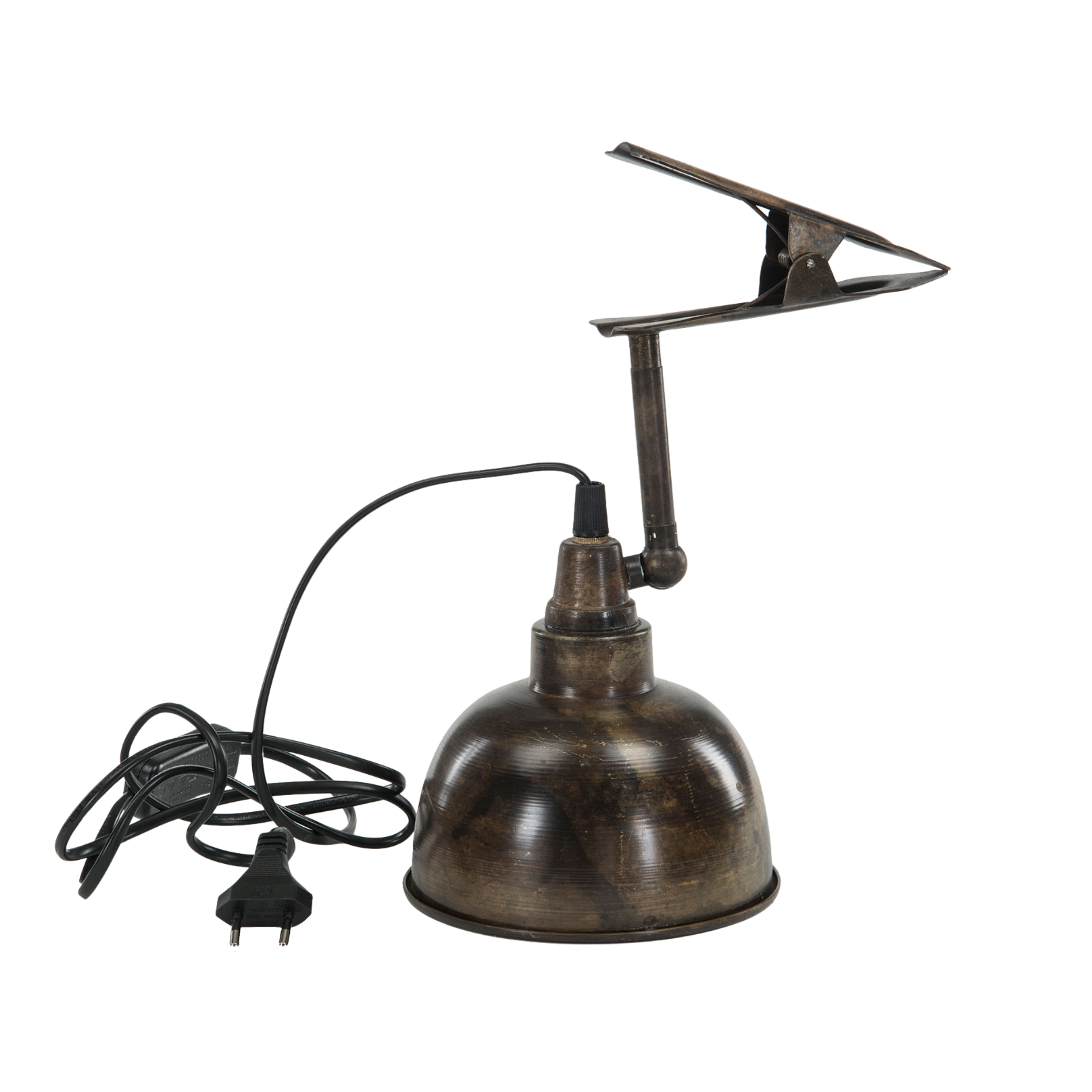 Clip lampe i antikk brun metall – industriell bordlampe med klemmefeste