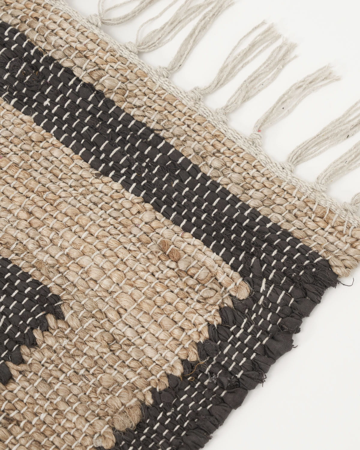 Detalj av håndvevd jute og bomull i Leah matte, tekstur og sømmer.